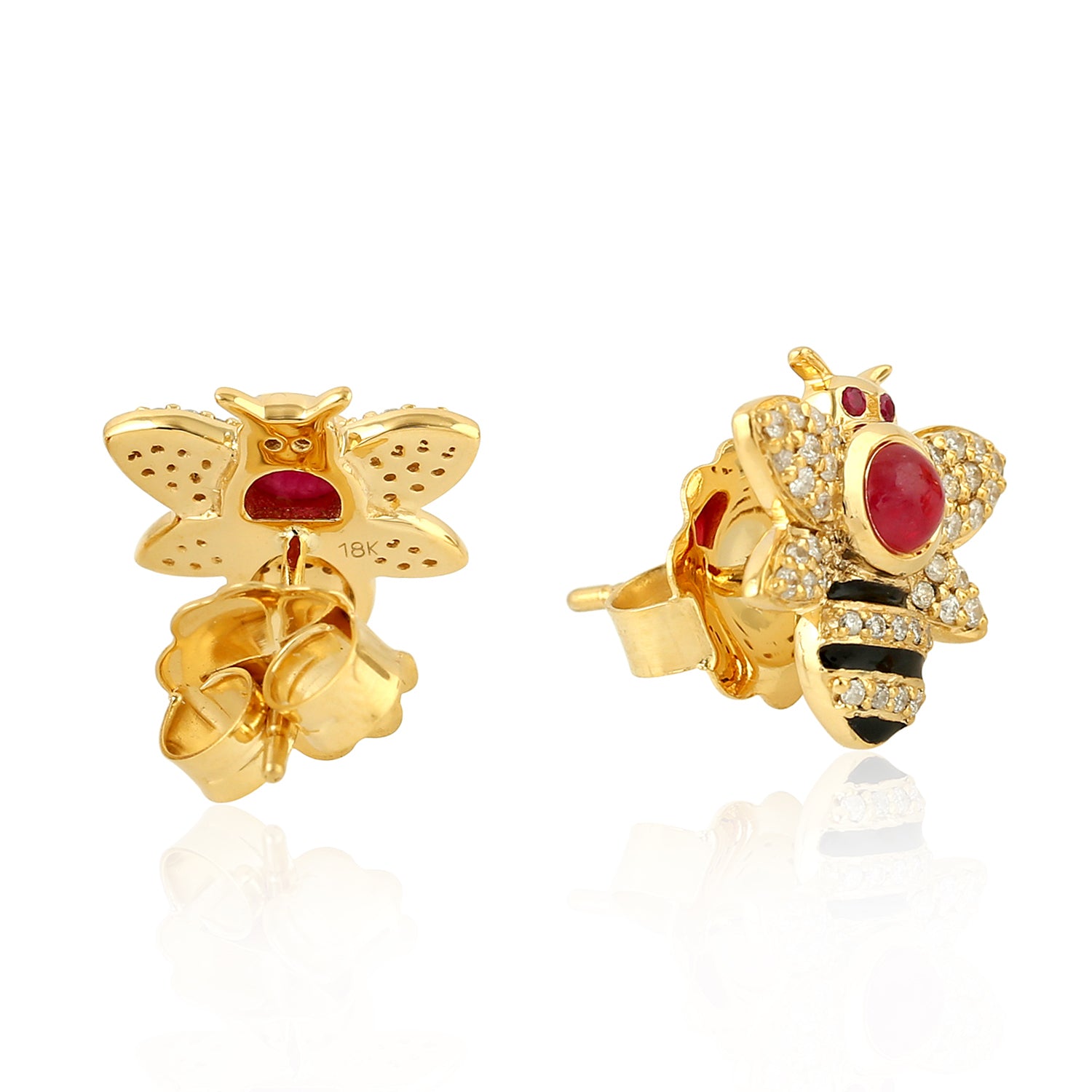14K Gold Bezel Set Ruby & Diamond Honeybee Stud Earrings for Women - Elegant Jewelry Gift for Birthday, Anniversary & Special Occasions