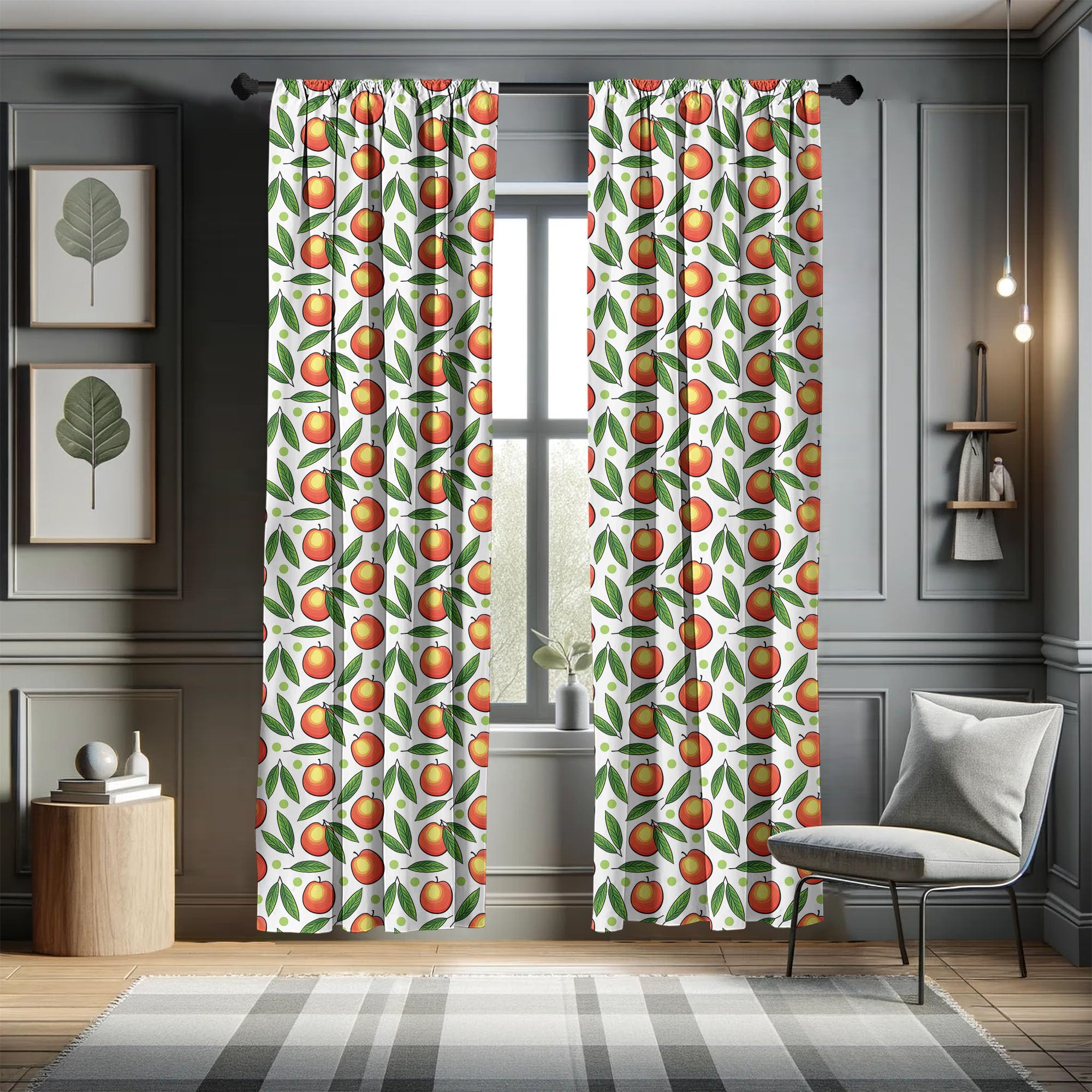 Ambesonne Fruits Curtains - Peach & Leaf Pattern with Polka Dots on White Background, 2 Panel Set (28