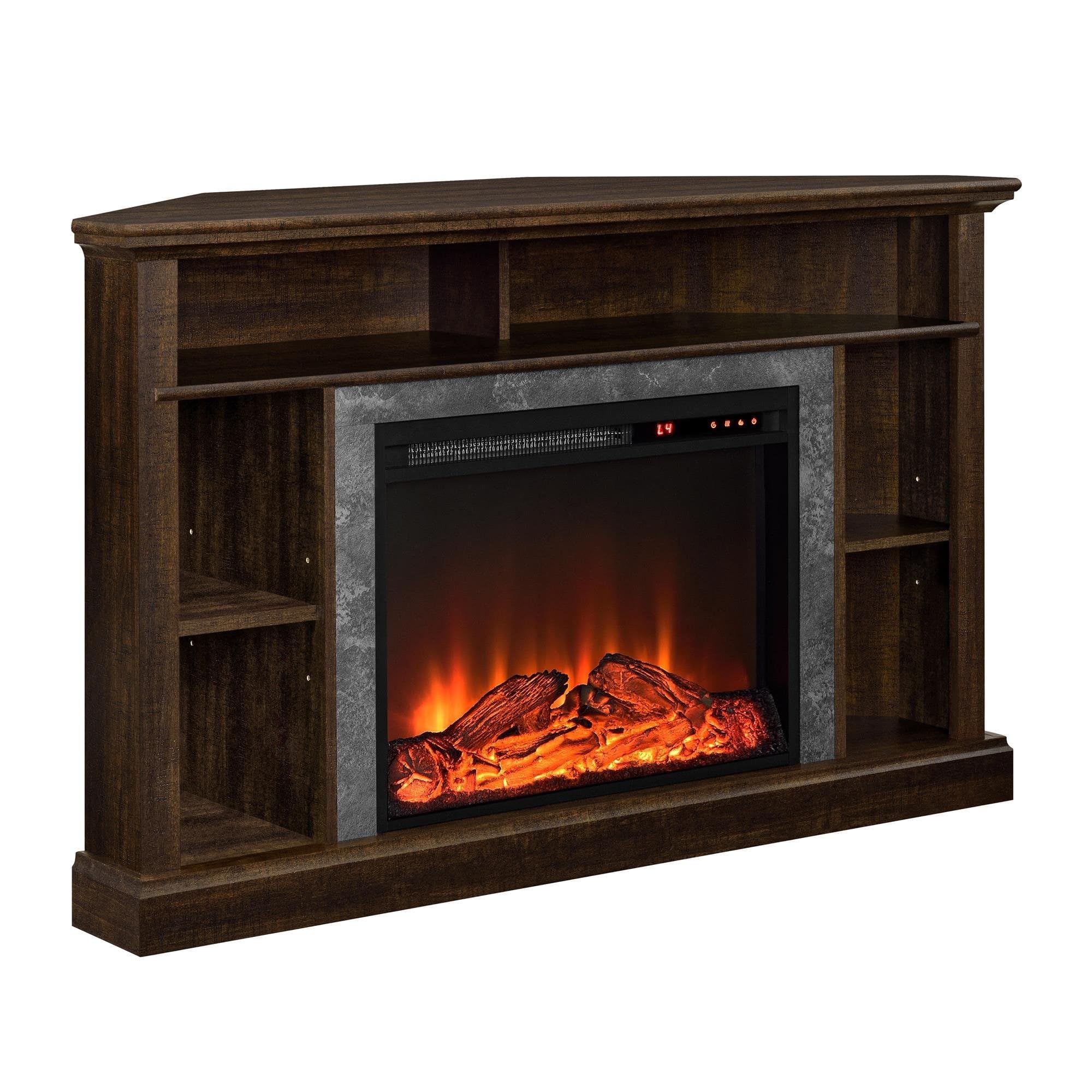 Ameriwood Home Overland 50 Inch Corner Fireplace TV Stand with Electric Heater Insert - Remote Control, Timer, Realistic Flame & Log Effect in Espresso - Perfect for Living Room, Bedroom & Home Theater Setup
