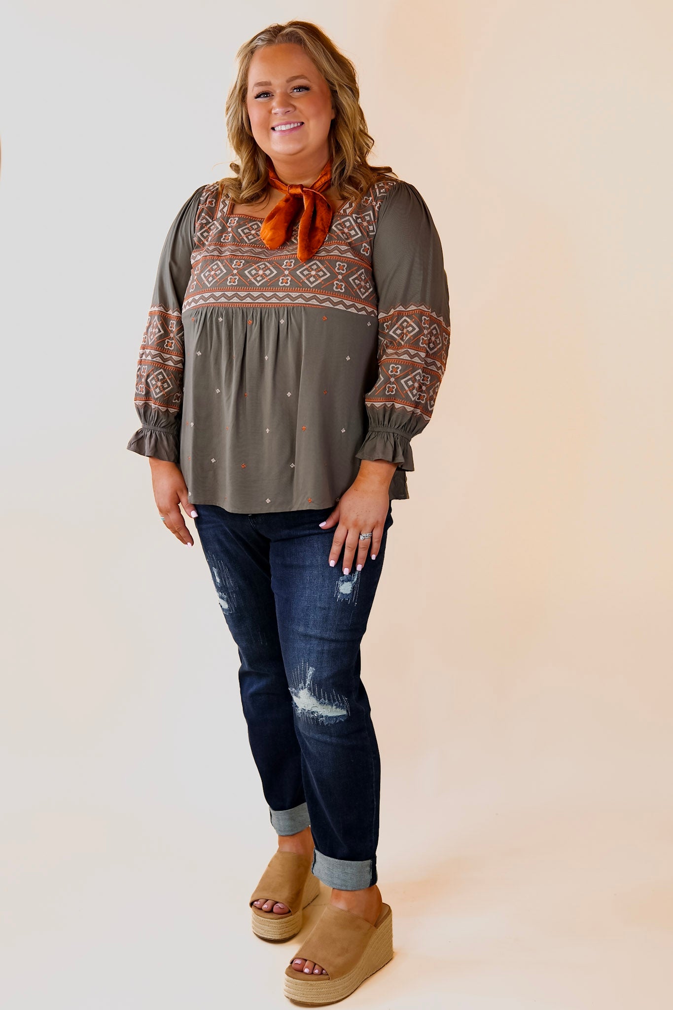 Olive Green Embroidered Square Neck 3/4 Sleeve Top for Women | Casual Spring Summer Blouse | Perfect for Office, Date Night & Outdoor Activities