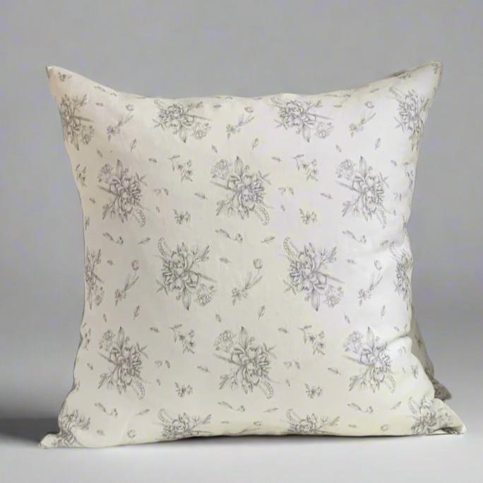 Linen Pillow Cover - White & Dark Grey Floral Design - Breathable & Stylish Decorative Pillowcase for Sofa, Bedroom, Living Room - Home Decor Accent