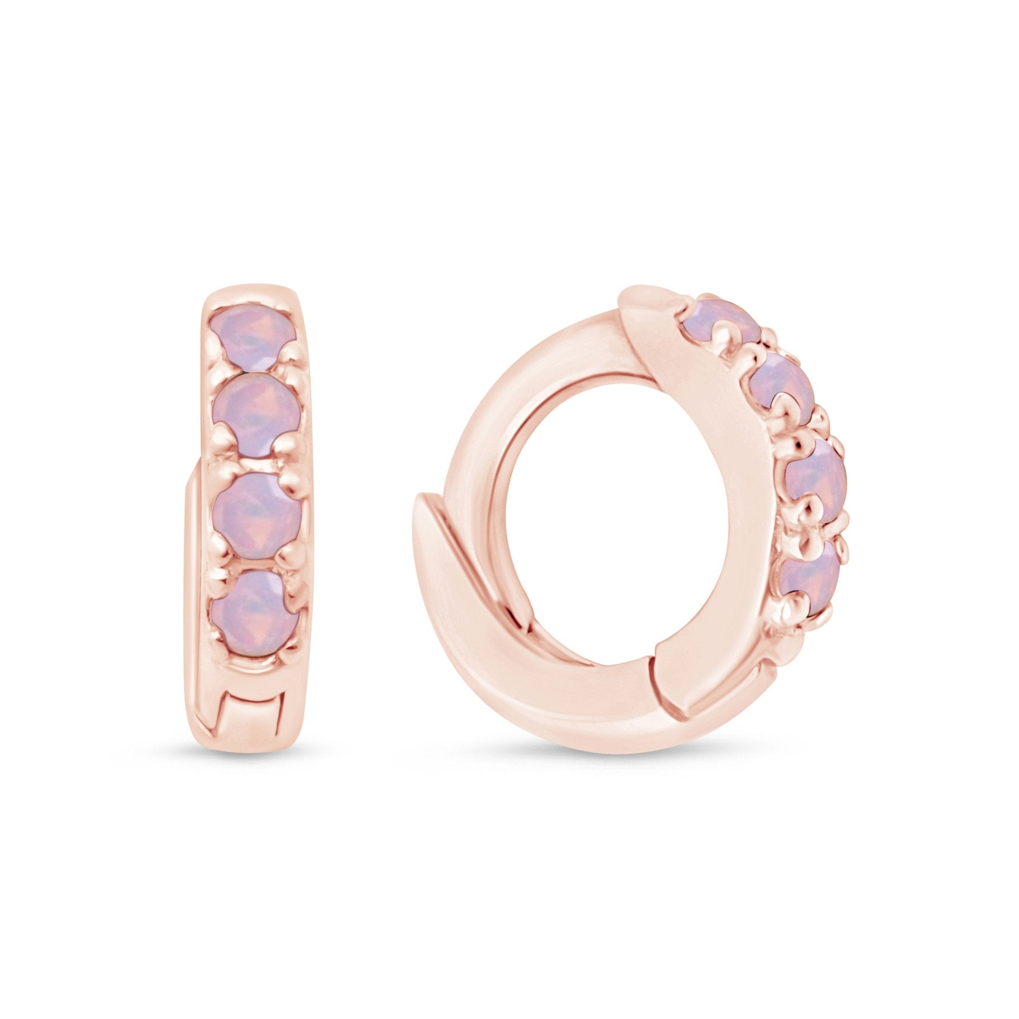 14k Rose Gold Opal Studded Huggie Earrings | Dainty & Elegant Hoop Earrings for Women | Perfect for Everyday Wear, Parties & Special Occasions