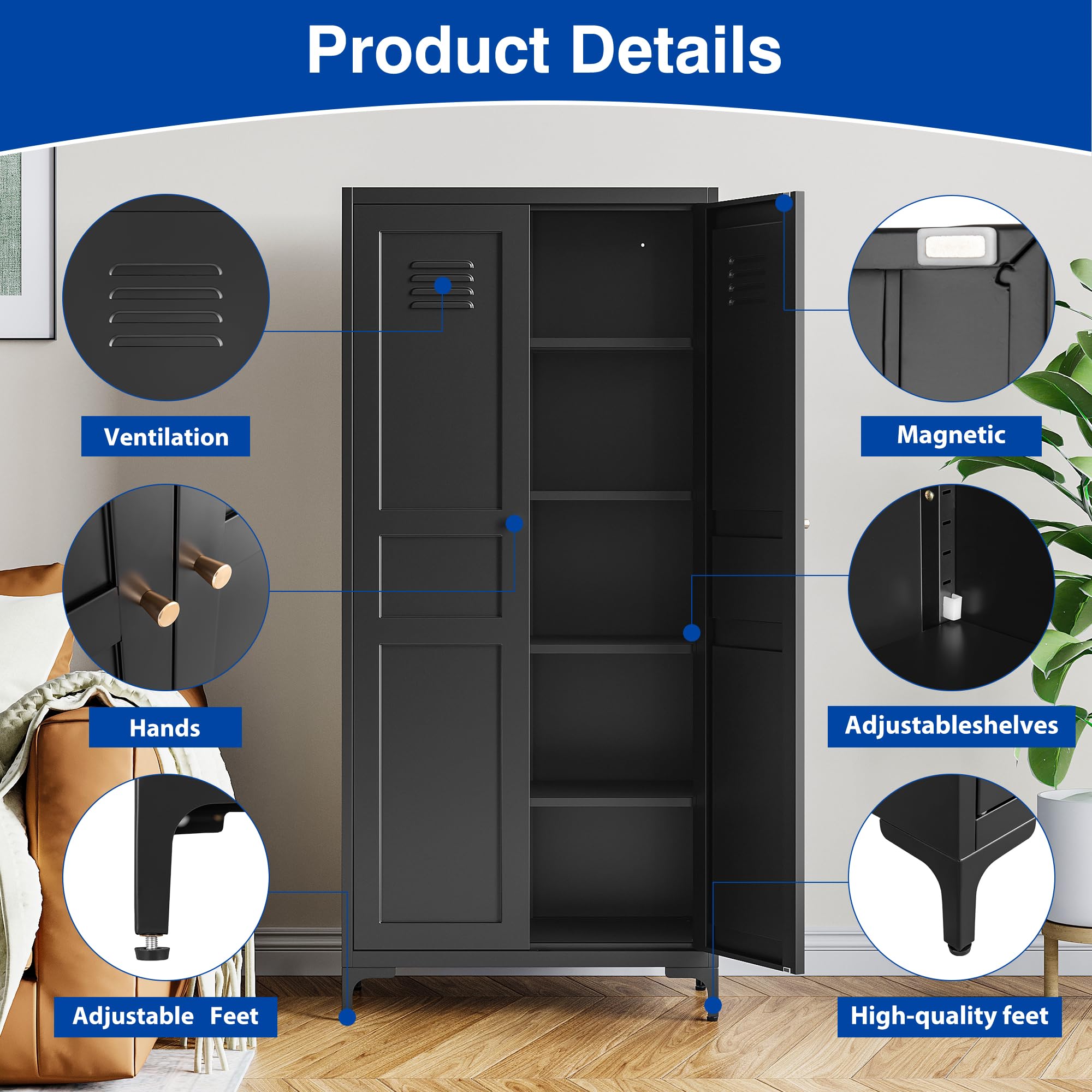 61 Inch Black Metal Kitchen Pantry Storage Cabinet with Adjustable Shelves & Feet - Organize Kitchen, Living Room, Dining Room & Bathroom - Perfect for Small Spaces & Home Organization