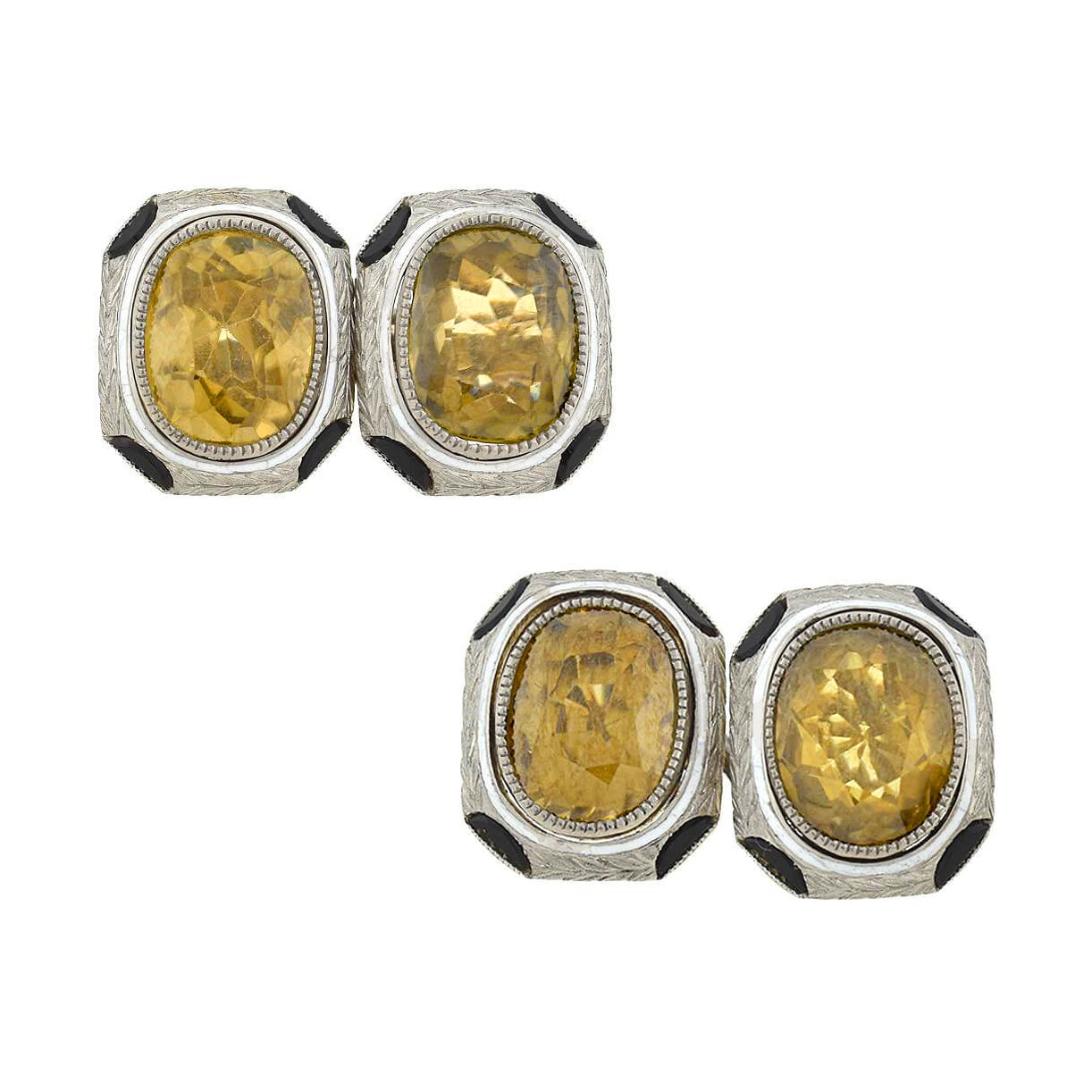 Vintage Art Deco 18K Gold White Enamel Citrine & Onyx Cufflinks for Men - Luxury Wedding, Formal Wear & Business Attire Accessories