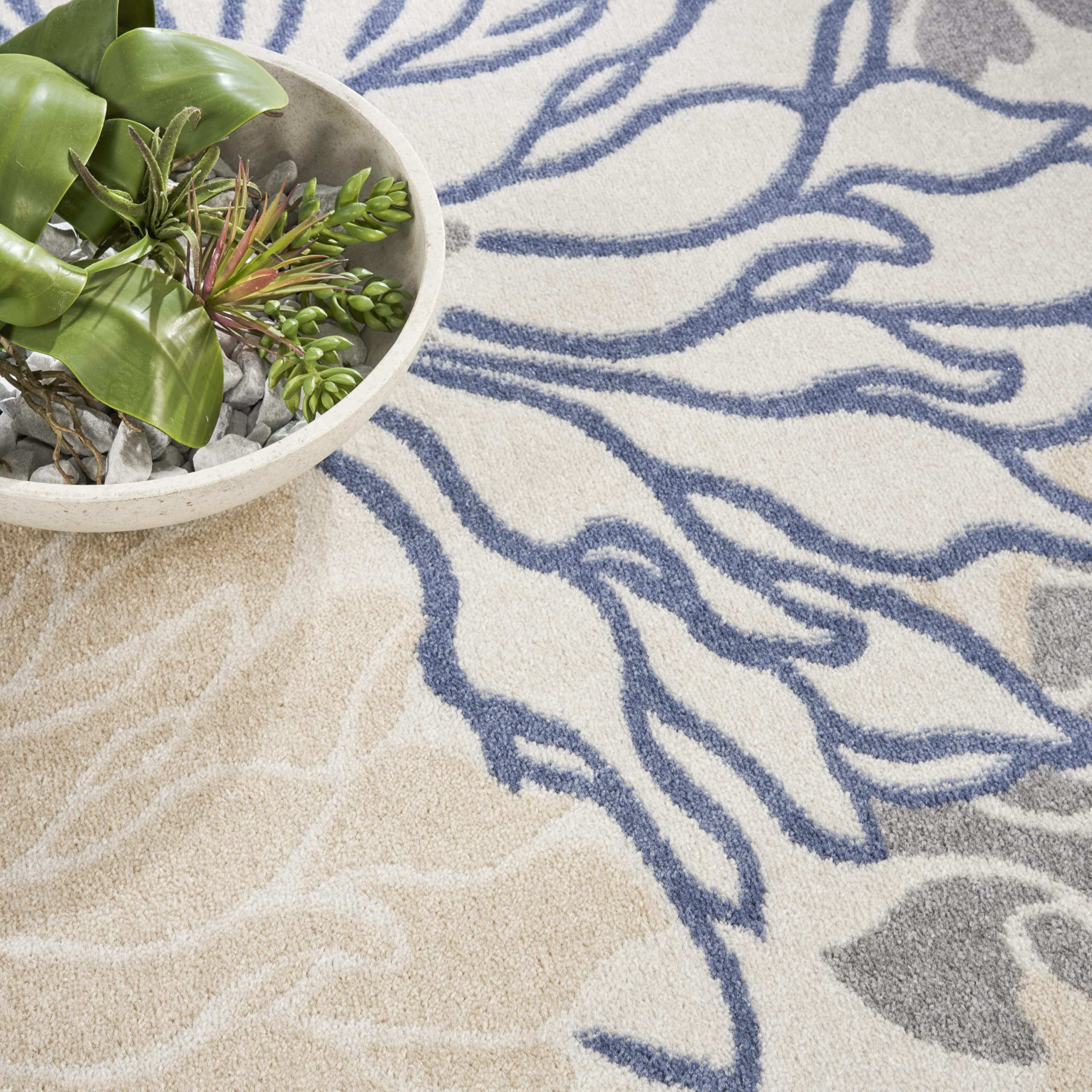Nourison Passion Ivory Grey Blue 8' x 10' Floral Farmhouse Area Rug - Easy Clean, Non-Shedding, Soft & Durable - Perfect for Bedroom, Living Room, Dining Room & Kitchen Decor (8x10)