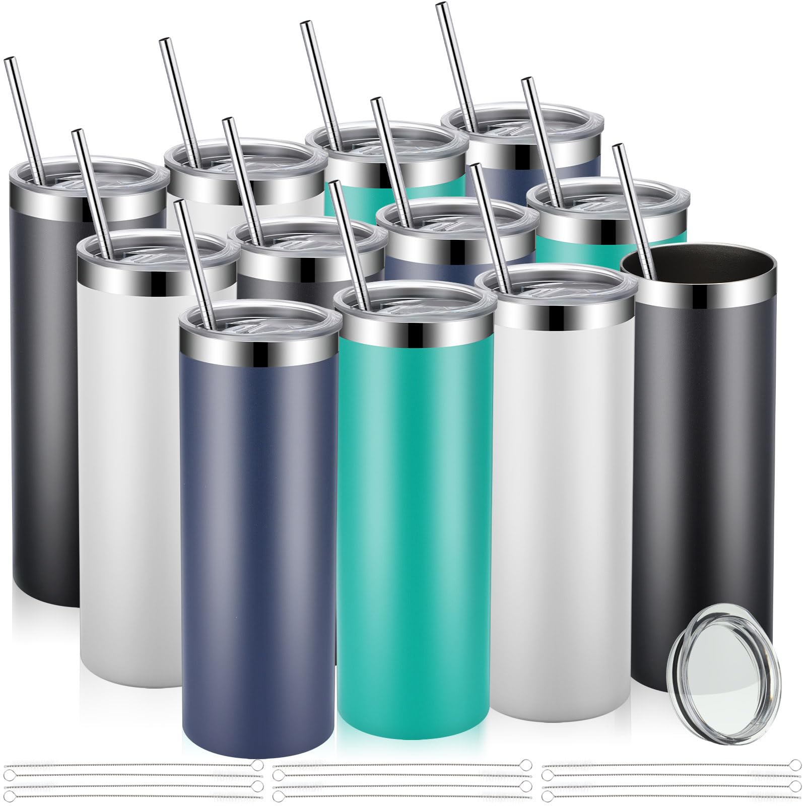 20 oz Skinny Tumbler Bulk Pack - 12 Pcs Stainless Steel Insulated Cups with Lids & Straws | Double Wall Vacuum Insulation for Hot/Cold Drinks | Slim Travel Mug for Office, Gym, Hiking (White, Black, Navy, Green)