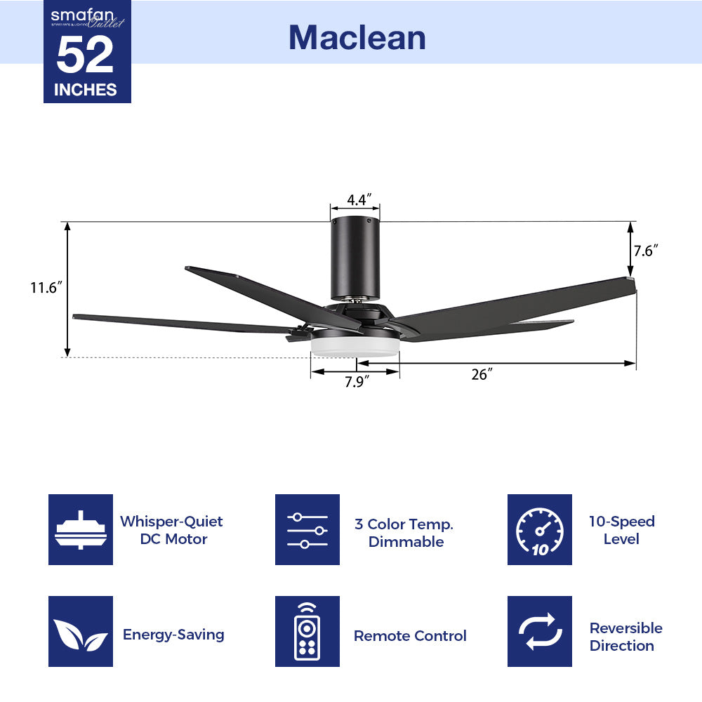 52 Inch Maclean Flush Mount Ceiling Fan with LED Light and Remote Control - Perfect for Bedroom, Living Room, and Home Office Cooling
