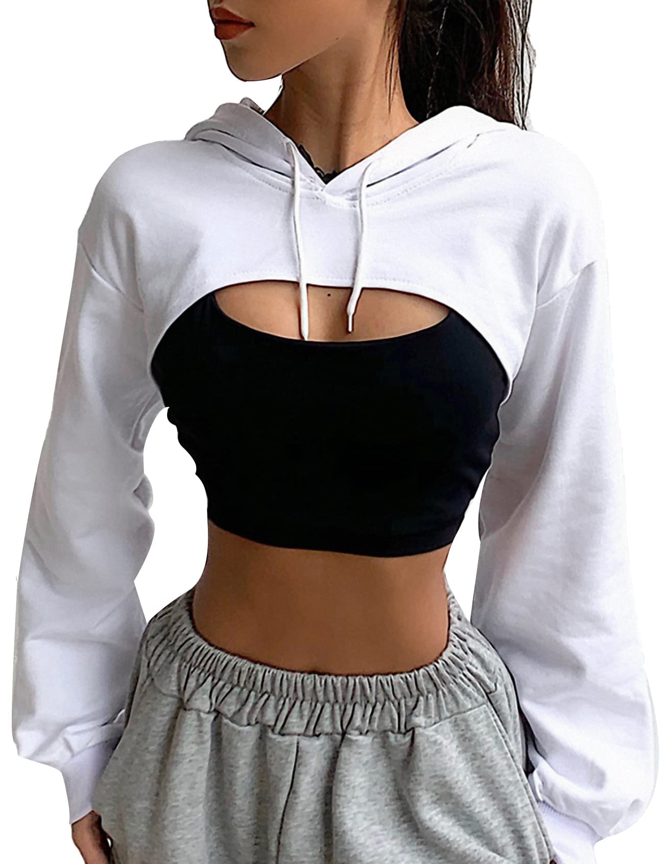 Hotmiss Women's Cropped Long Sleeve Cut Out Hoodie - Loose Fit Workout Pullover Sweatshirt for Yoga, Gym & Casual Streetwear