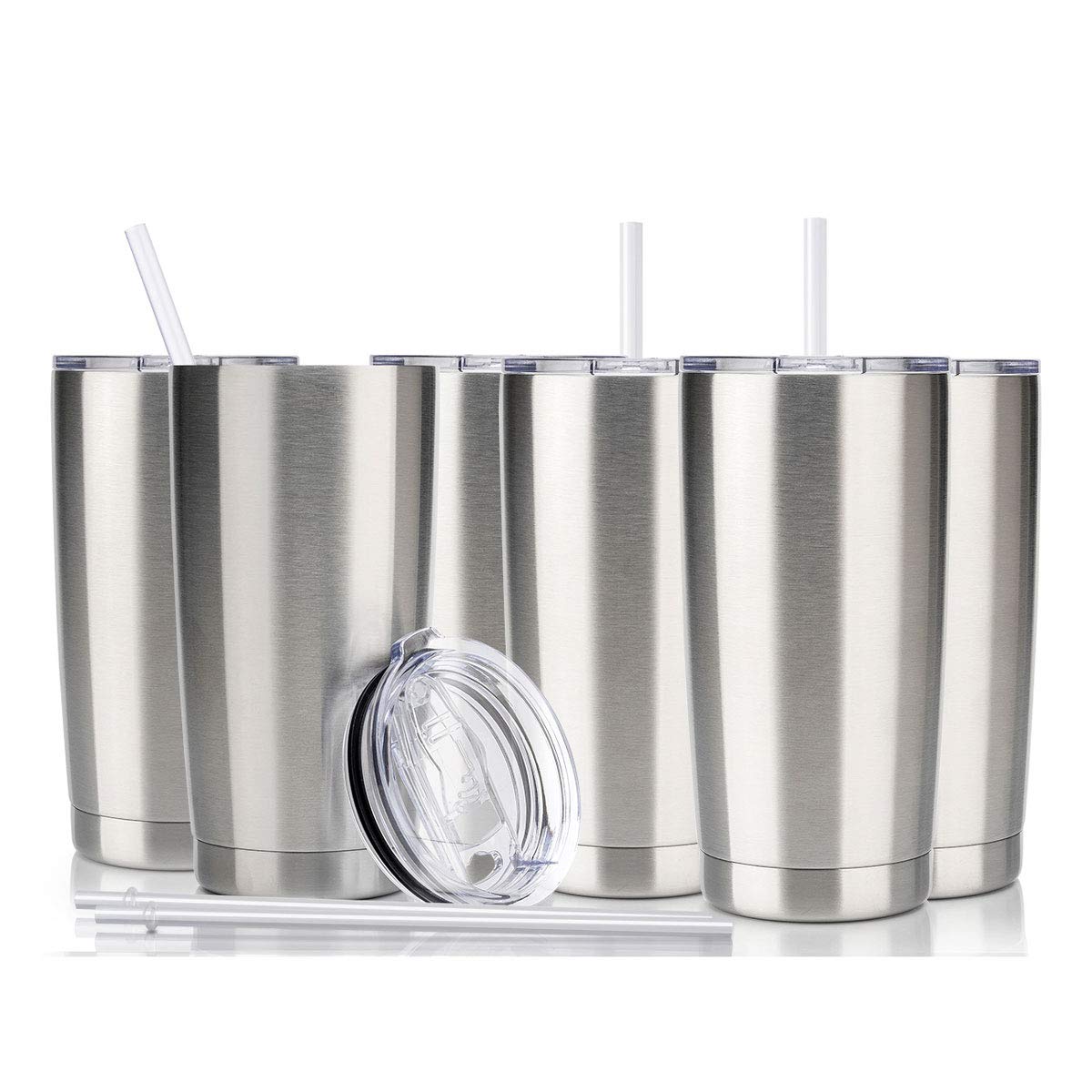 CIVAGO 20oz Stainless Steel Vacuum Insulated Tumbler with Lid & Straw - Double Wall Powder Coated Travel Mug for Coffee, Tea & Cold Drinks (8 Pack, Stainless) - Perfect for Office, Gym, Camping & Outdoor Activities