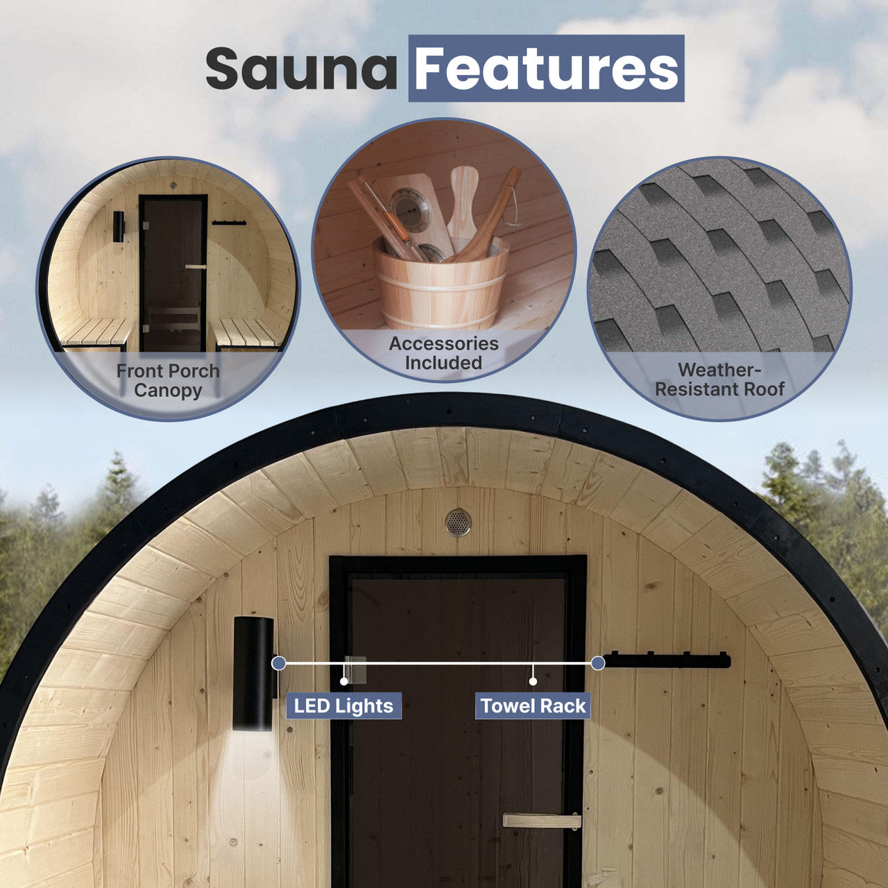 Premium Aleko Outdoor White Finland Pine Traditional Barrel Sauna with Black Accents & Front Porch Canopy - 2-4 Person Capacity | Perfect for Backyard Relaxation & Home Spa Experience