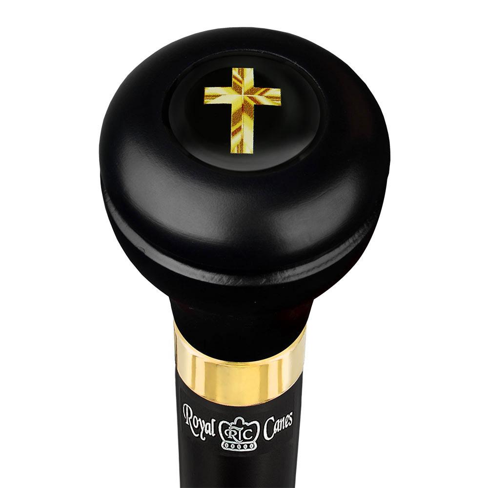 Scratch and Dent Christian Cross Flask Walking Cane - Black Beechwood Shaft with Pewter Collar (V2170) | Religious Gift, Mobility Aid & Outdoor Hiking Accessory