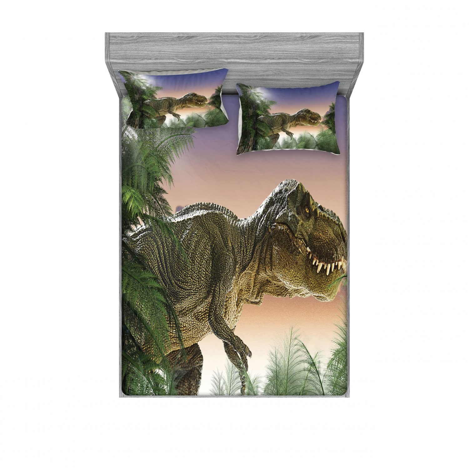 Ambesonne Jurassic 2-Pack Queen Size Bedding Set - Dinosaur Jungle Print Fitted Sheets & Pillow Shams (4-Piece, Peach Green Blue) for Kids Room Decor & Themed Bedroom Design