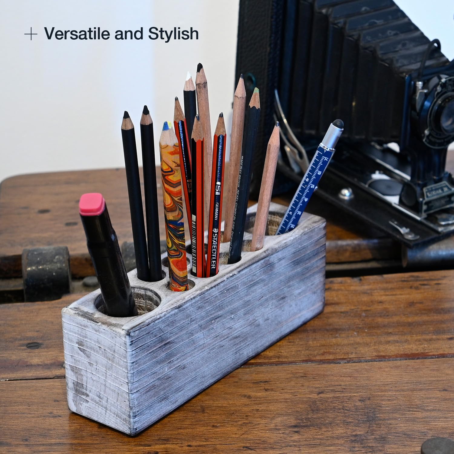 Rustic Whitewashed Wooden Pen Holder - Grey Solid Wood Desk Organizer for Office & Home | Perfect for Paint Brushes, Markers, and Art Supplies Storage | Ideal for Artists, Students, and Workspaces