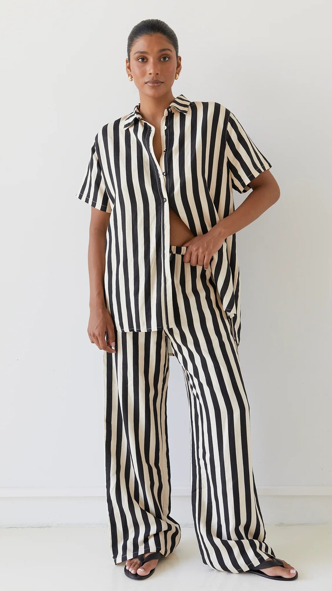 Josie Pants for Women - Black & Beige Striped High-Waisted Trousers | Comfortable Office Wear & Casual Outfits
