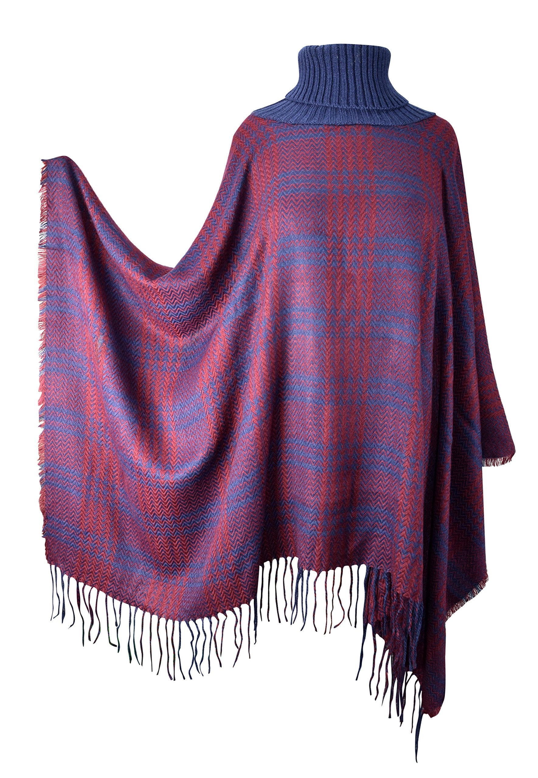 Women's Checkered Turtle Neck Winter Poncho Sweater with Fringe - Cozy Oversized Pullover for Christmas, Holiday Parties & Casual Outings