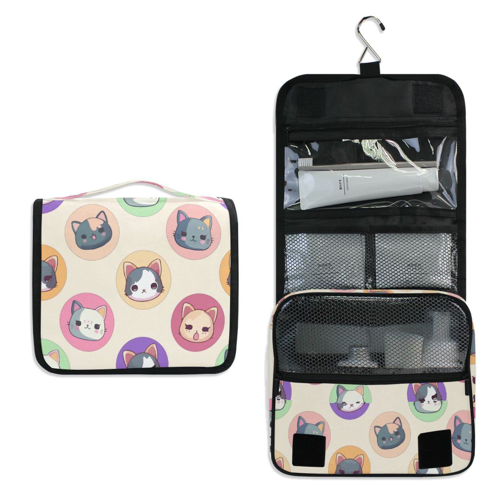 Moyyo Cute Cartoon Kittens Hanging Travel Toiletry Bag - Waterproof Cosmetic Makeup Organizer for Women & Men - Portable Wash Bag for Gym, Camping, Business Trips & Vacation Essentials