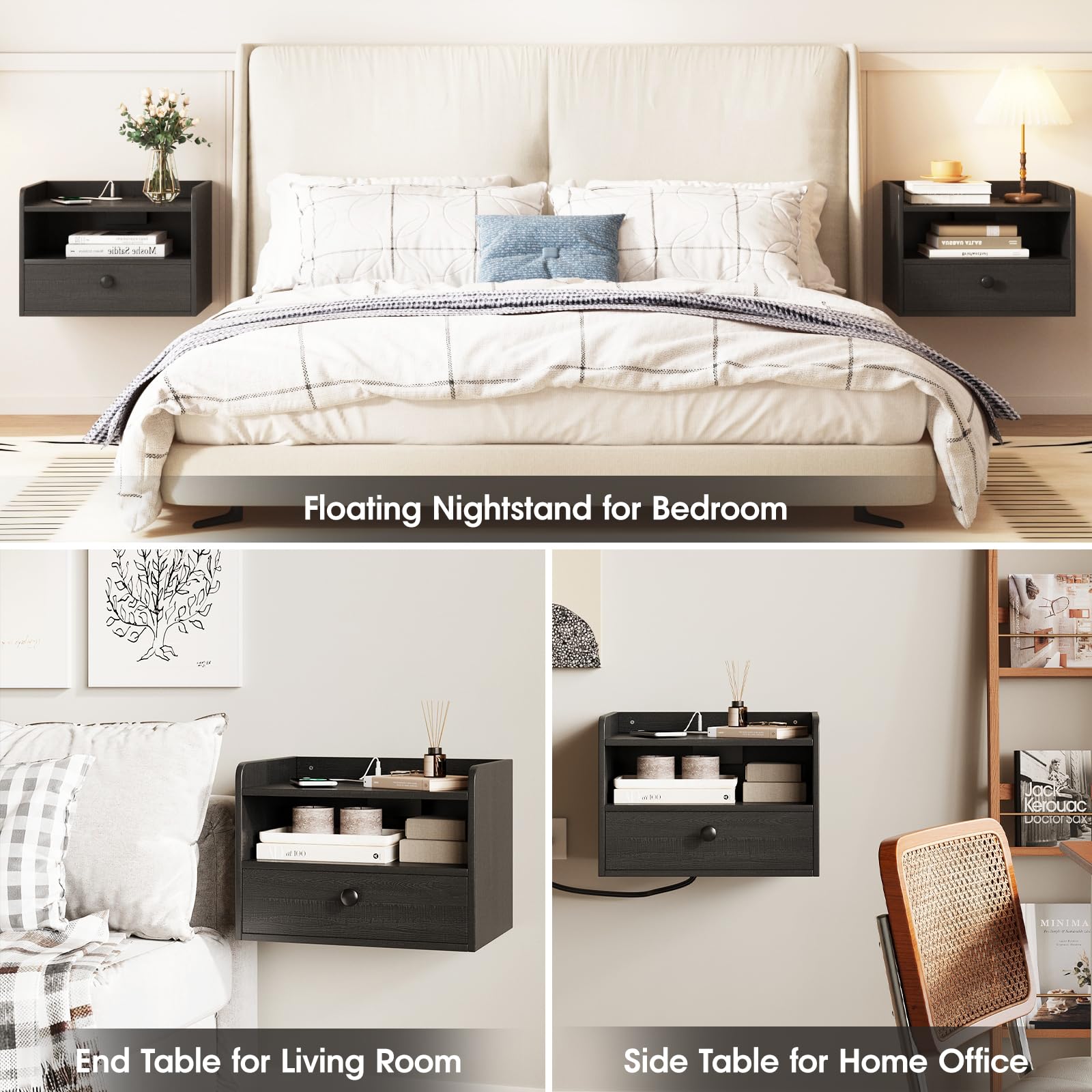 Modern Floating Nightstand Set of 2 - Wall Mounted Bedside Tables with Drawer & Open Shelf, USB Charging Station - Space Saving Night Stands for Small Bedroom, Apartment, Dorm (Black) - Perfect for Minimalist Home Decor & Compact Living Spaces