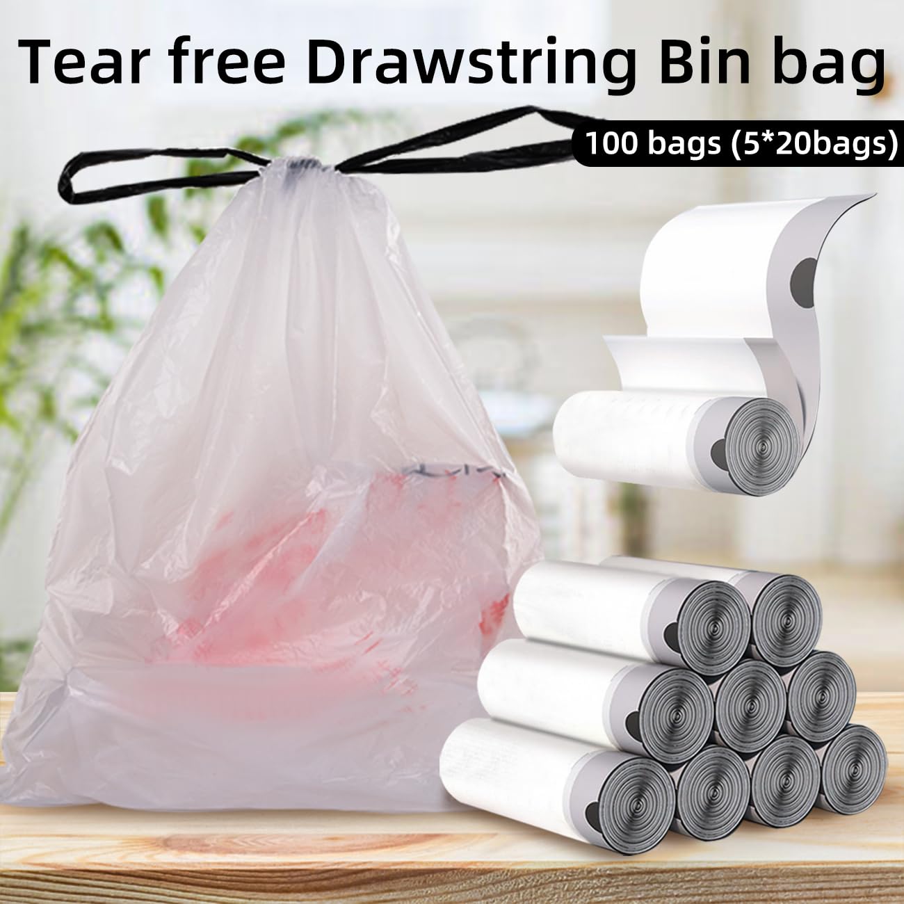 4 Gallon Trash Bags - 100 Count Heavy Duty Drawstring Garbage Bags, Unscented Thickened Trash Can Liners for Bathroom, Bedroom, Office, Kitchen | Perfect for Small Waste Bins, Diaper Pails & Home Cleaning