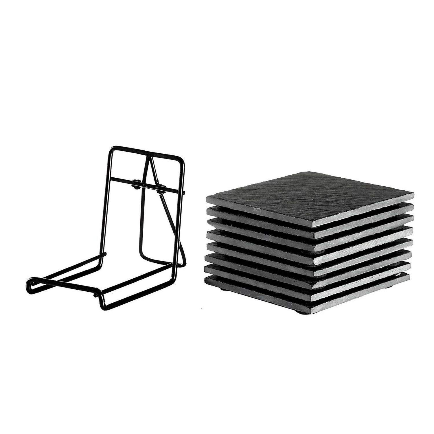 8-Pack Black Square Slate Coasters for Drinks - Absorbent & Durable Stone Coaster Set with Stand - Perfect for Home, Kitchen, Bar, Office & Party Use