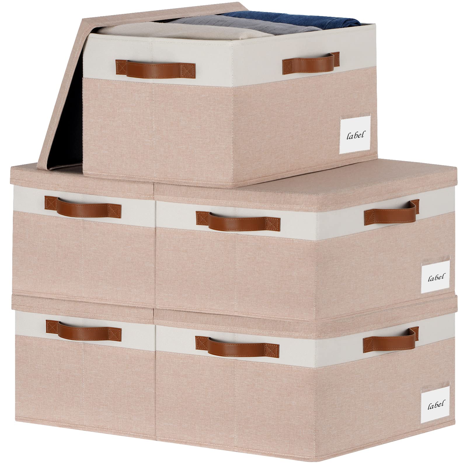 RVSNQ 5-Pack Large Fabric Storage Bins with Lids - Foldable Closet Organizer Boxes with 3 Leather Handles & Label Window - Perfect for Home, Office, Shelf Organization (White & Khaki) | Ideal for Bedroom Closet, Toy Storage, and Seasonal Decor Organization