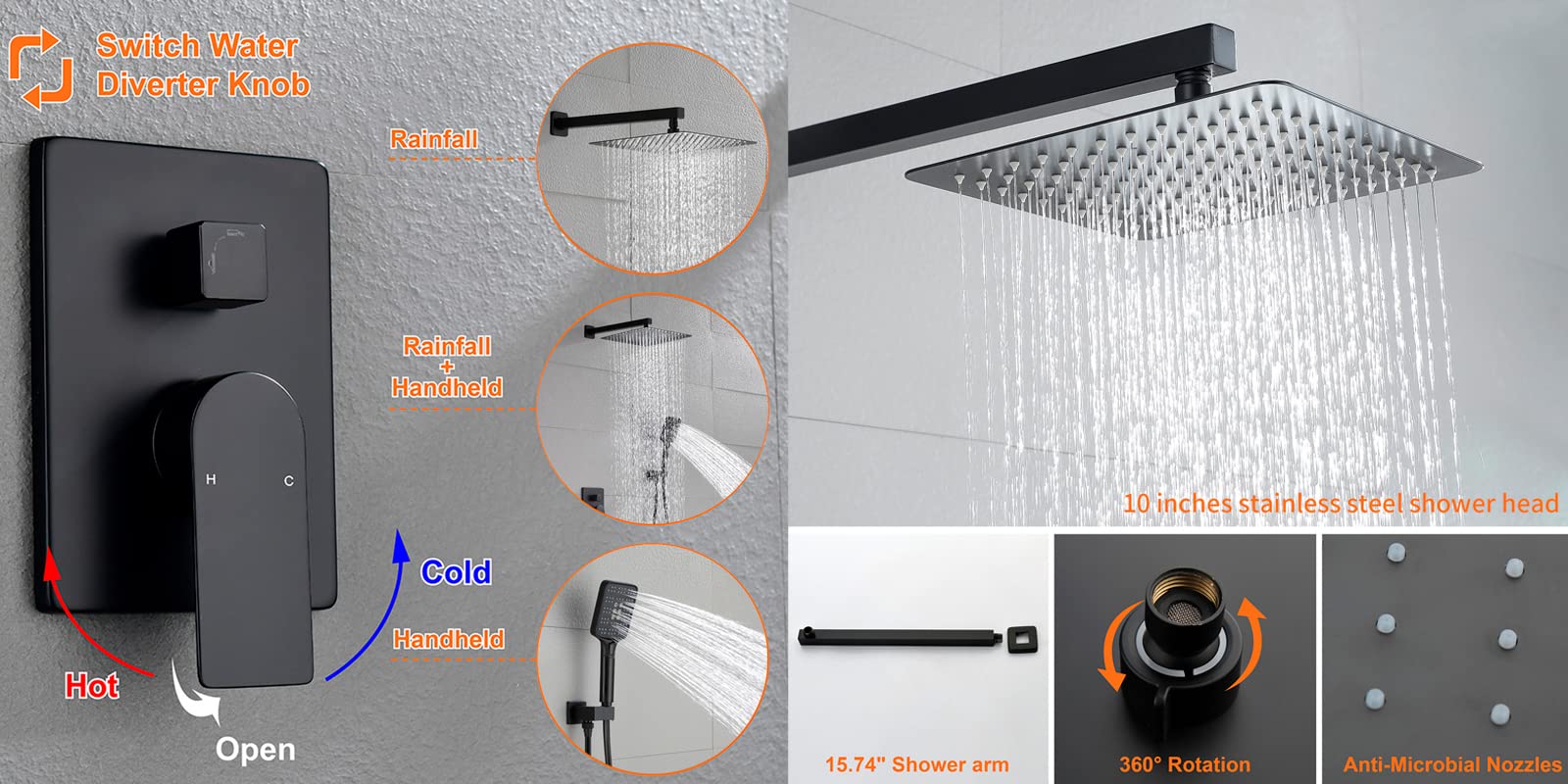 Matte Black Shower Faucet Set with 10 Inch Rainfall Shower Head - Pressure Balance Valve & Stainless Steel Trim Kit (6012B) - Perfect for Modern Bathroom Renovation and Spa-Like Shower Experience