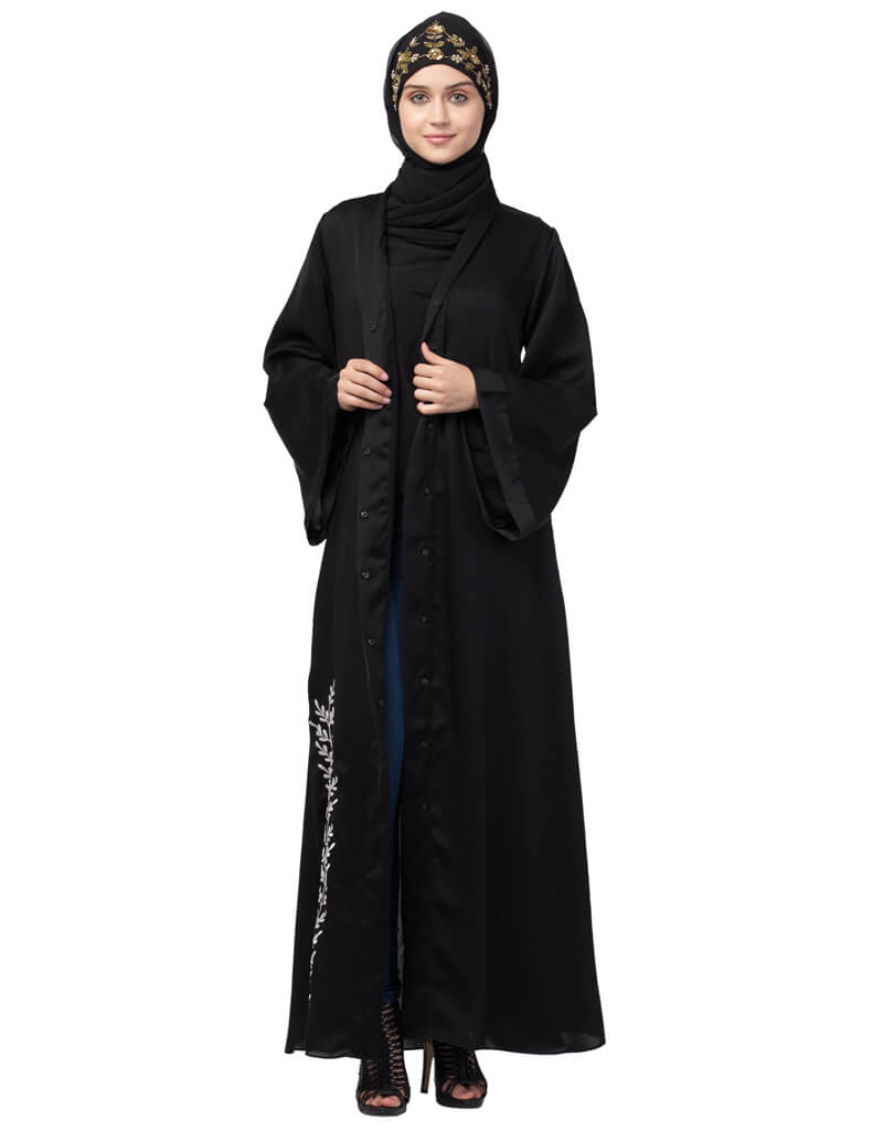 Elegant Black Dubai Abaya with Arabic Side Embroidery - Open Front Design for Women - Perfect for Prayer, Modest Fashion, and Special Occasions