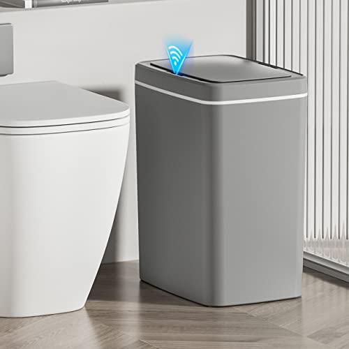 Sooyee 3.7 Gallon Slim Bathroom Trash Can with Lid - Small Plastic Waste Bin for Bathroom, Kitchen, Bedroom & Office - Space-Saving Grey Trash Can for Tight Spaces & Small Rooms - Perfect for Under Sink, Vanity or Closet Storage
