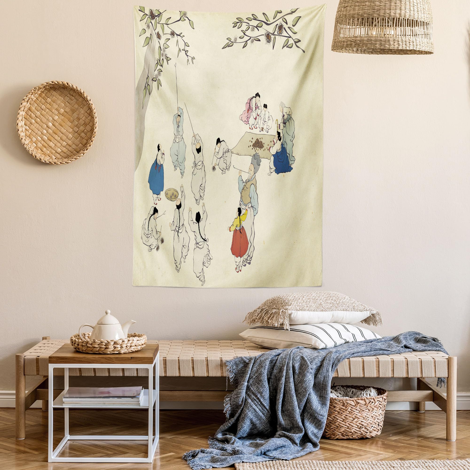 Korean Minhwa Chestnut Tapestry - Autumn Harvest Wall Art for Bedroom & Living Room Decor