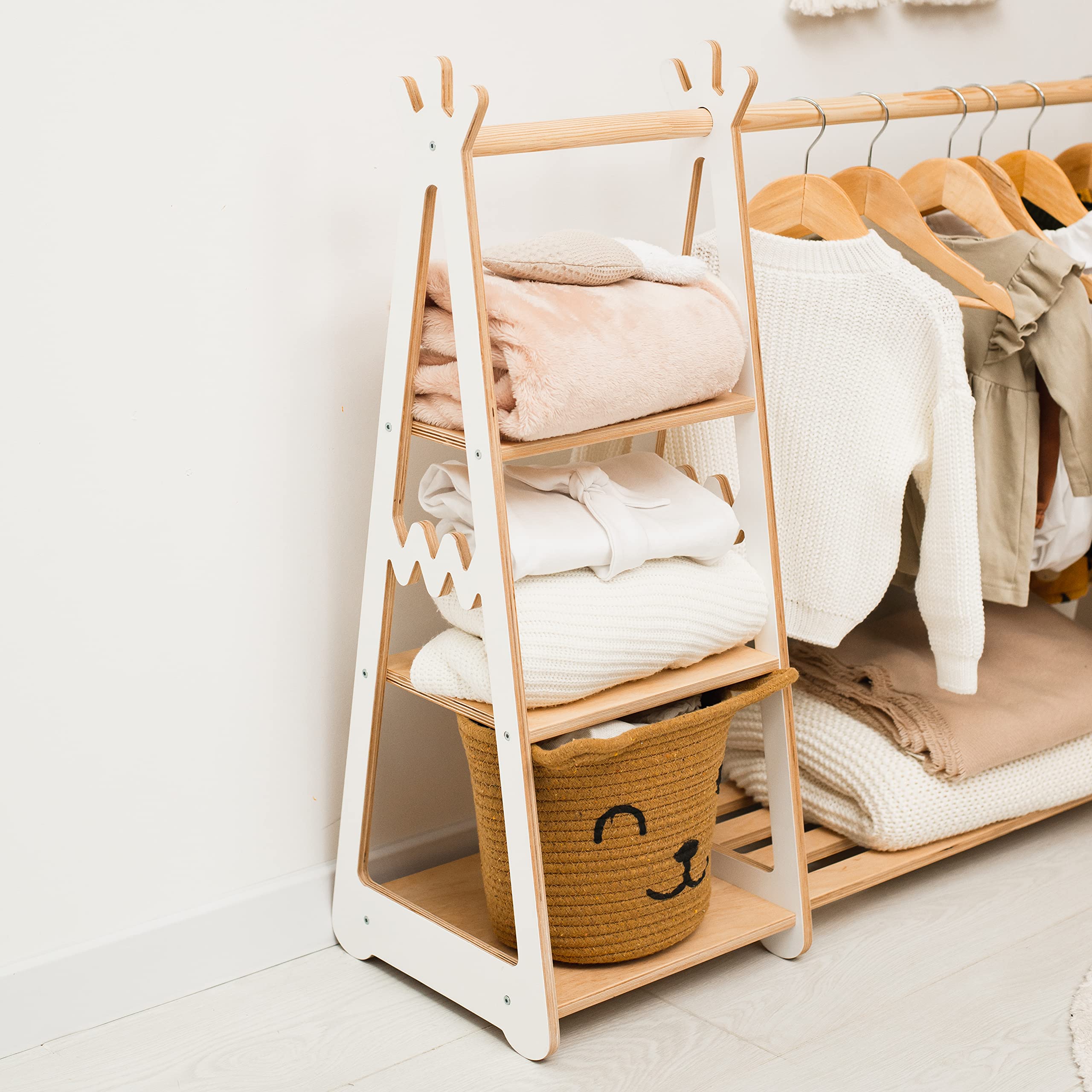 Montessori Teepee Style Kids Clothing Rack - Natural Wood Toddler Clothes Shelf with Shelves for Playroom & Nursery Storage - Perfect Gift for 2nd & 3rd Birthday (Pink) | Organize Baby Clothes, Toys & Neutral Room Decor