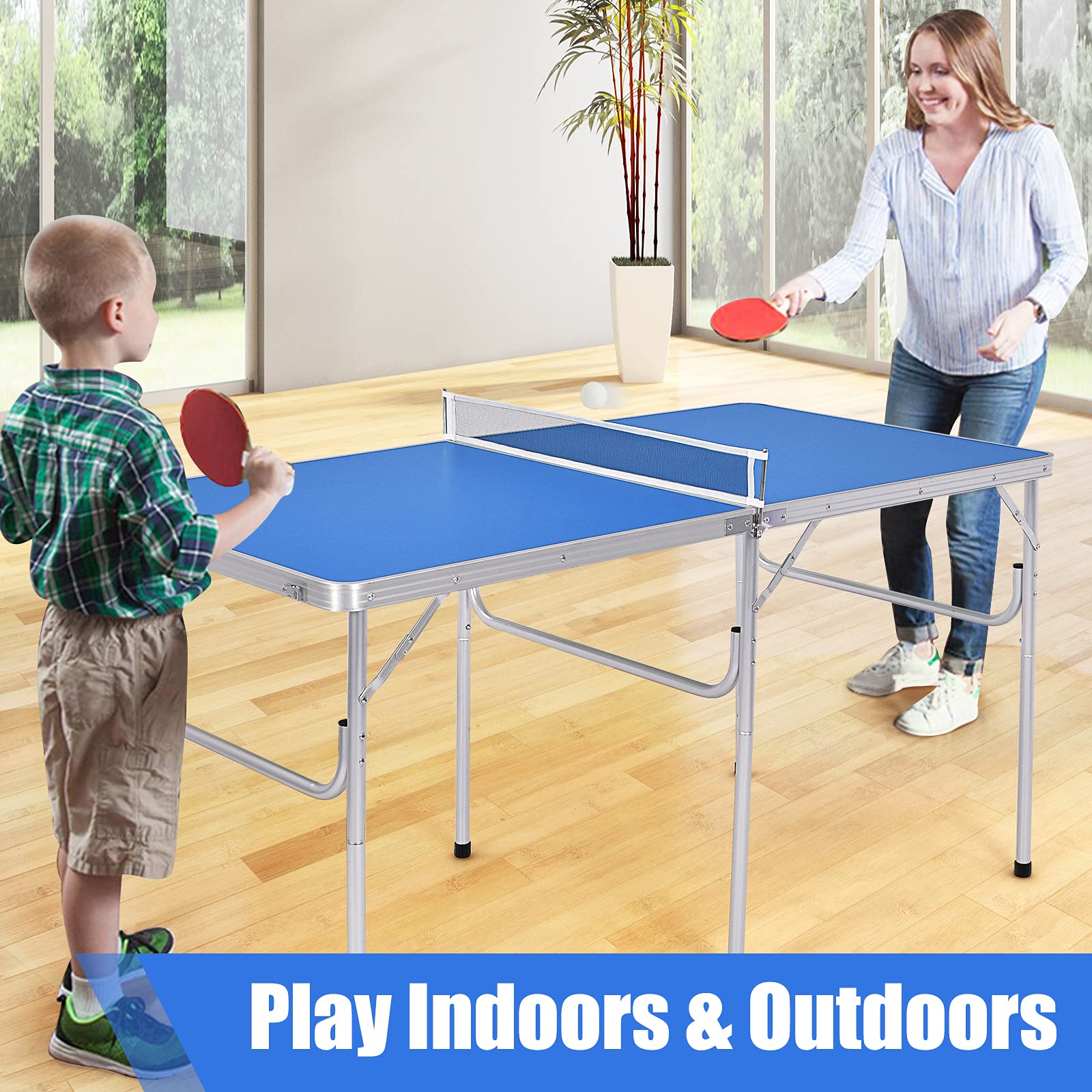 Goplus Foldable Ping Pong Table - 100% Preassembled Indoor/Outdoor Table Tennis Set with Net, 2 Paddles & Balls | Portable for Backyard, Game Room, Office & Patio Fun