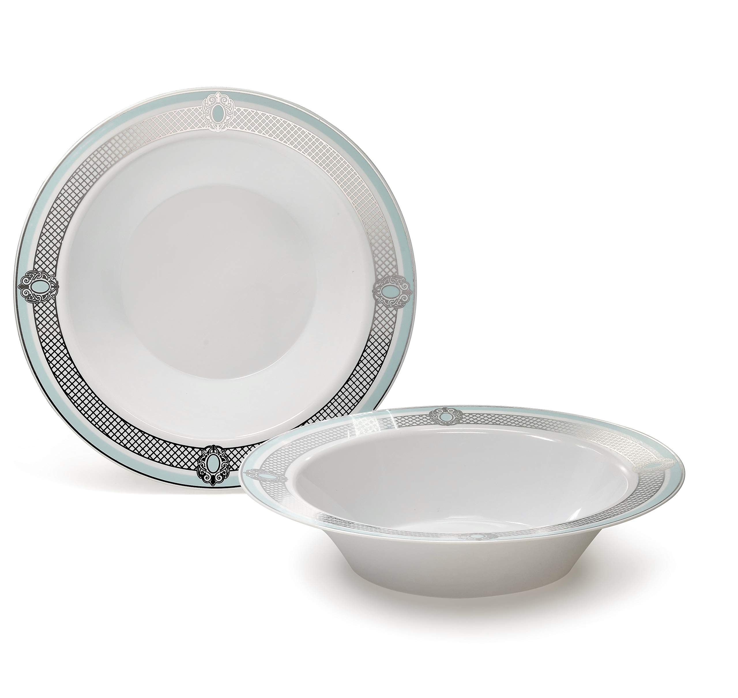 120-Piece Disposable Plastic Plates & Bowls Set - 12oz Soup Bowls for Weddings, Parties & Events (White/Green & Silver, Royal Collection) - Perfect for Catering, BBQs, Picnics & Family Gatherings