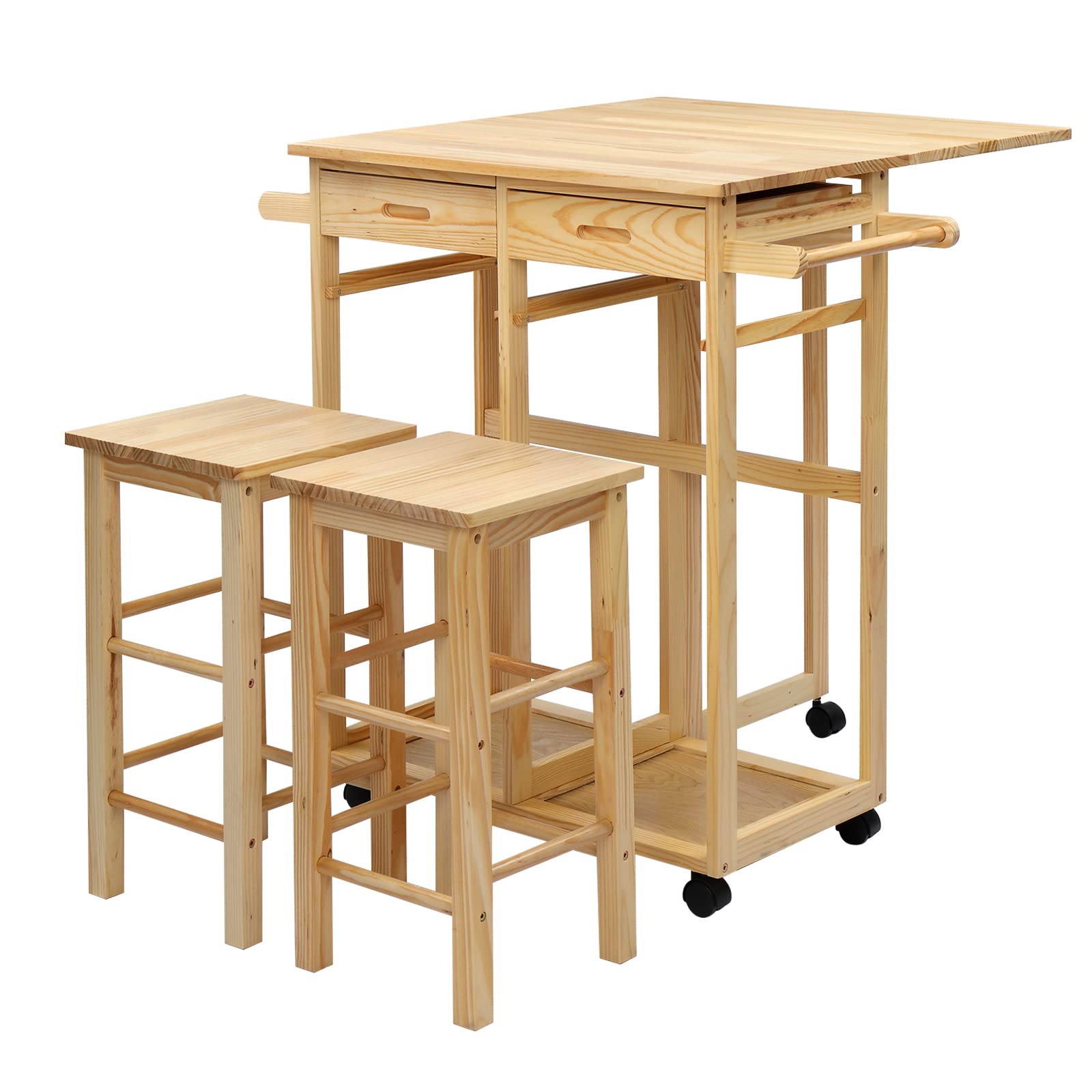 FCH Solid Wood Drop Leaf Kitchen Table with 2 Square Stools & 2 Drawers - Space-Saving Breakfast Bar, Dining Island Cart for Small Apartments & Compact Kitchens