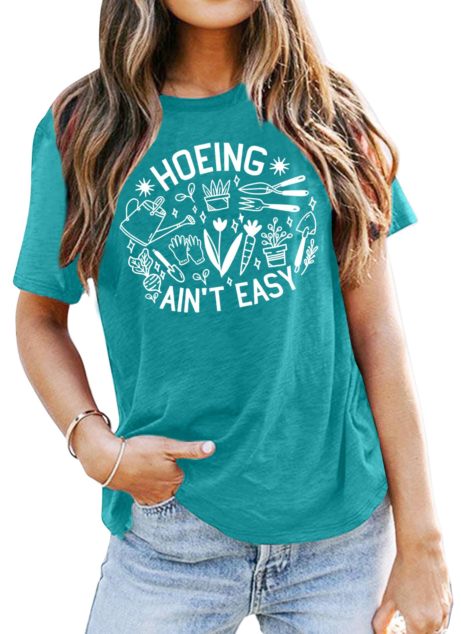 Women's Gardening T-Shirt - 'Hoeing Ain't Easy' Funny Plant Lover Tee, Floral Print Casual Top - Perfect Gift for Gardeners, Outdoor Work & Nature Enthusiasts