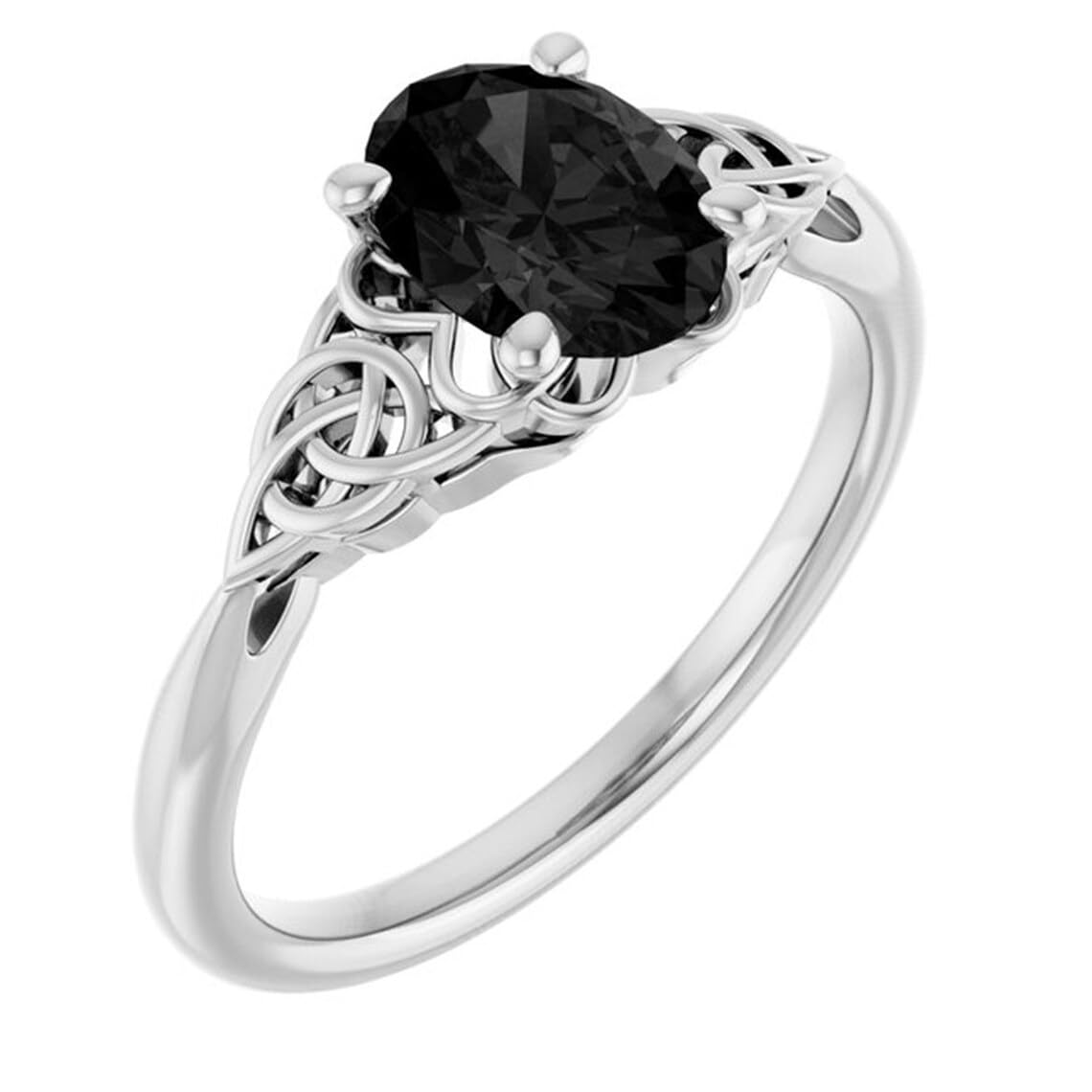 1.5 CT Oval Black Diamond Engagement Ring 10K White Gold - Trinity Irish Celtic Knot Wedding Band for Women - Elegant Black Onyx Swirl Ring Size 7.5 - Perfect for Anniversary, Proposal & Special Occasions