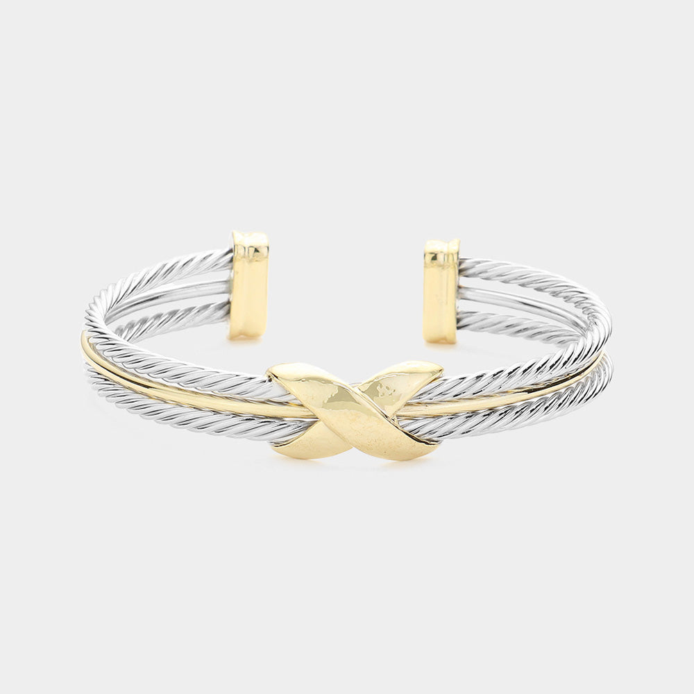 14K Gold Plated Two Tone Crisscross Cuff Bracelet for Women - Elegant Fashion Jewelry Gift for Birthday, Anniversary & Special Occasions