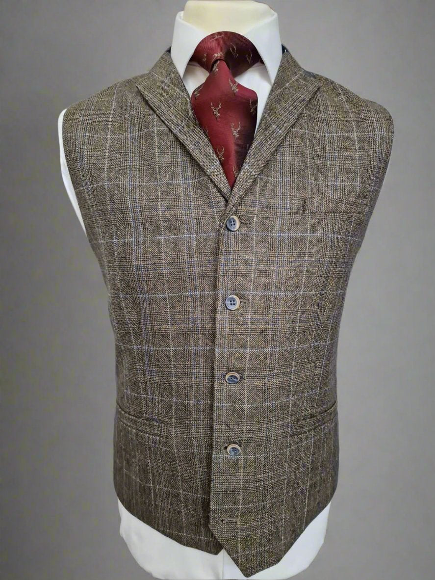Cavani Green Tweed Check Waistcoat 44R Slim Fit Vest for Men | Formal & Wedding Attire | Office & Special Occasion Outfit