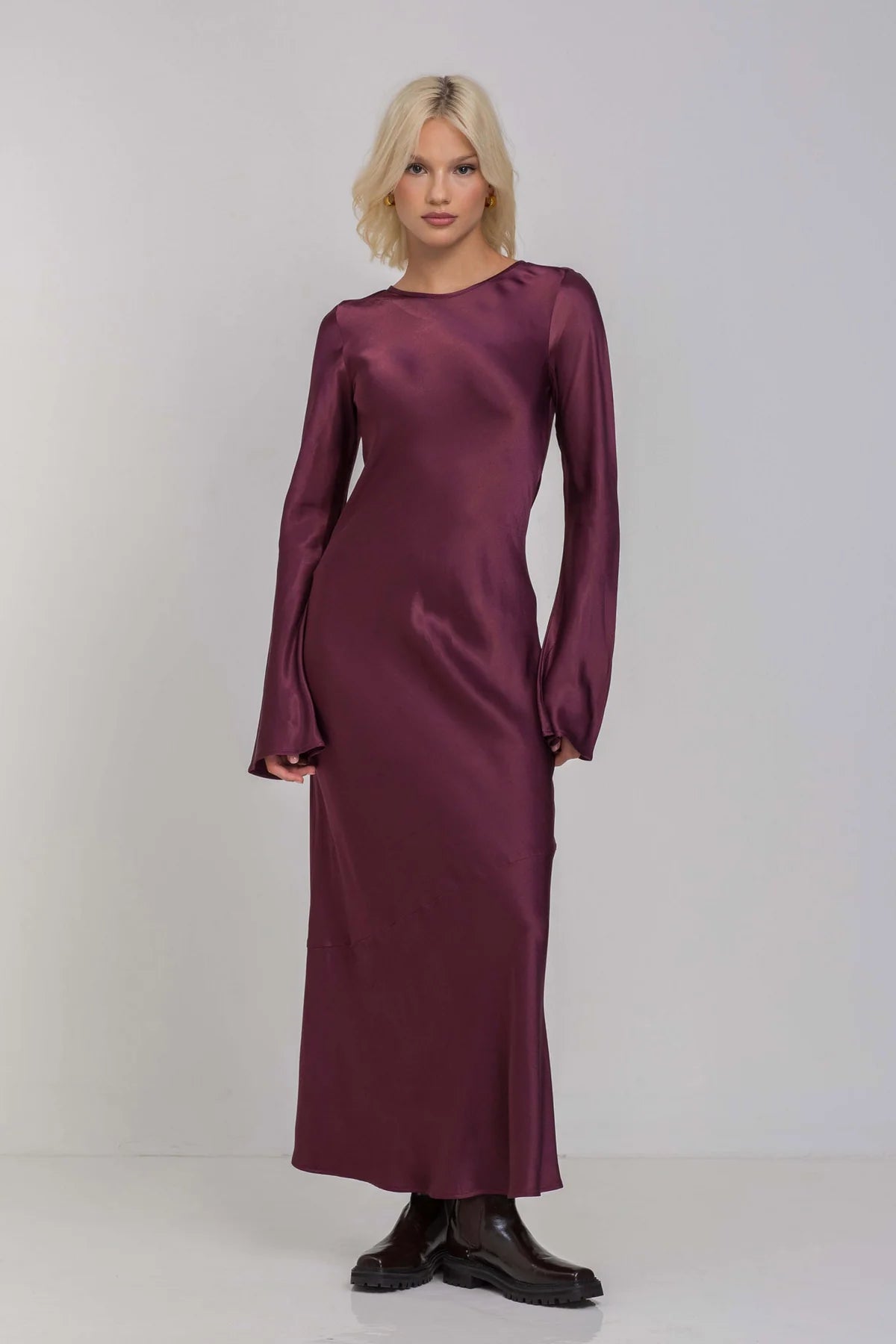 Elegant Purple Long Sleeve Satin Maxi Dress with Sparkle Details | Women's Evening Gown for Parties, Weddings & Special Occasions