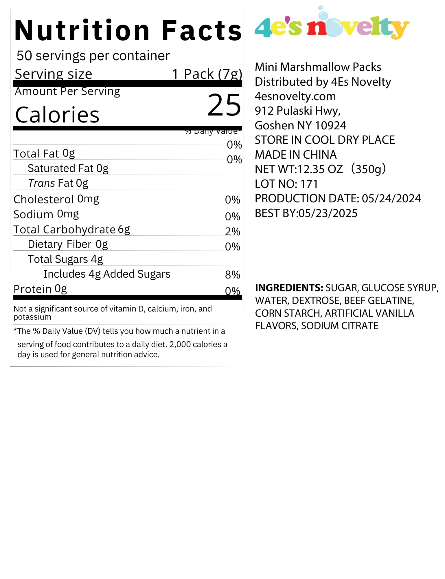 4E's Novelty 24 Packets Assorted Mini Marshmallows - Individually Wrapped Vanilla Flavored Marshmallows for Hot Chocolate, Cocoa Toppers, Baking & Camping Snacks