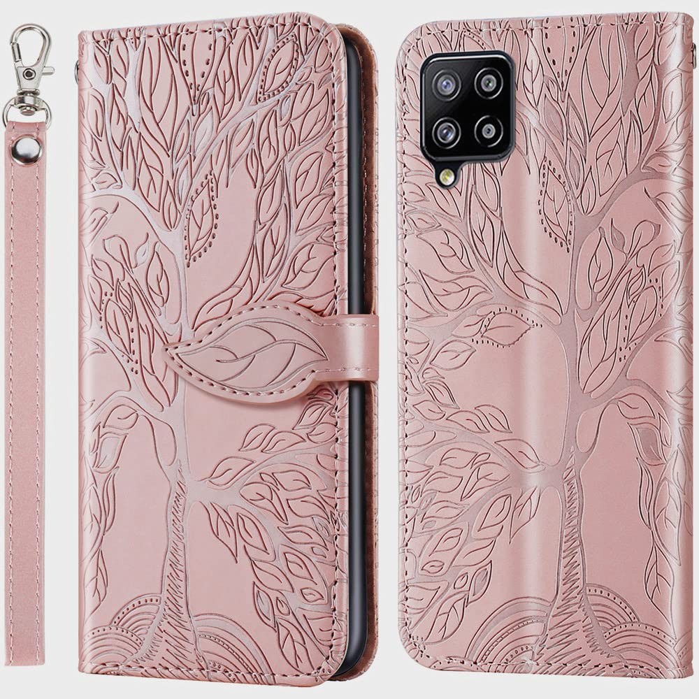 Premium PU Leather Samsung Galaxy A12 Wallet Case with Kickstand, Card Slots & Wrist Strap – Embossed Tree Design Folio Flip Cover for 6.5