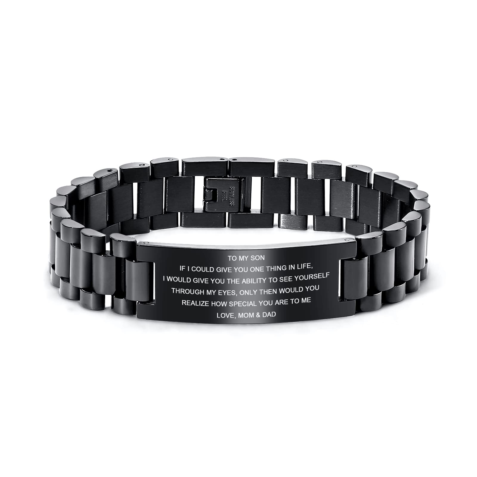 MEALGUET Inspirational Stainless Steel Bracelet for Son - Customizable Courage Link Wristband from Mom & Dad, Perfect Birthday, Graduation Gift Idea for Boys, Men, Teens - Daily Wear, Special Occasions