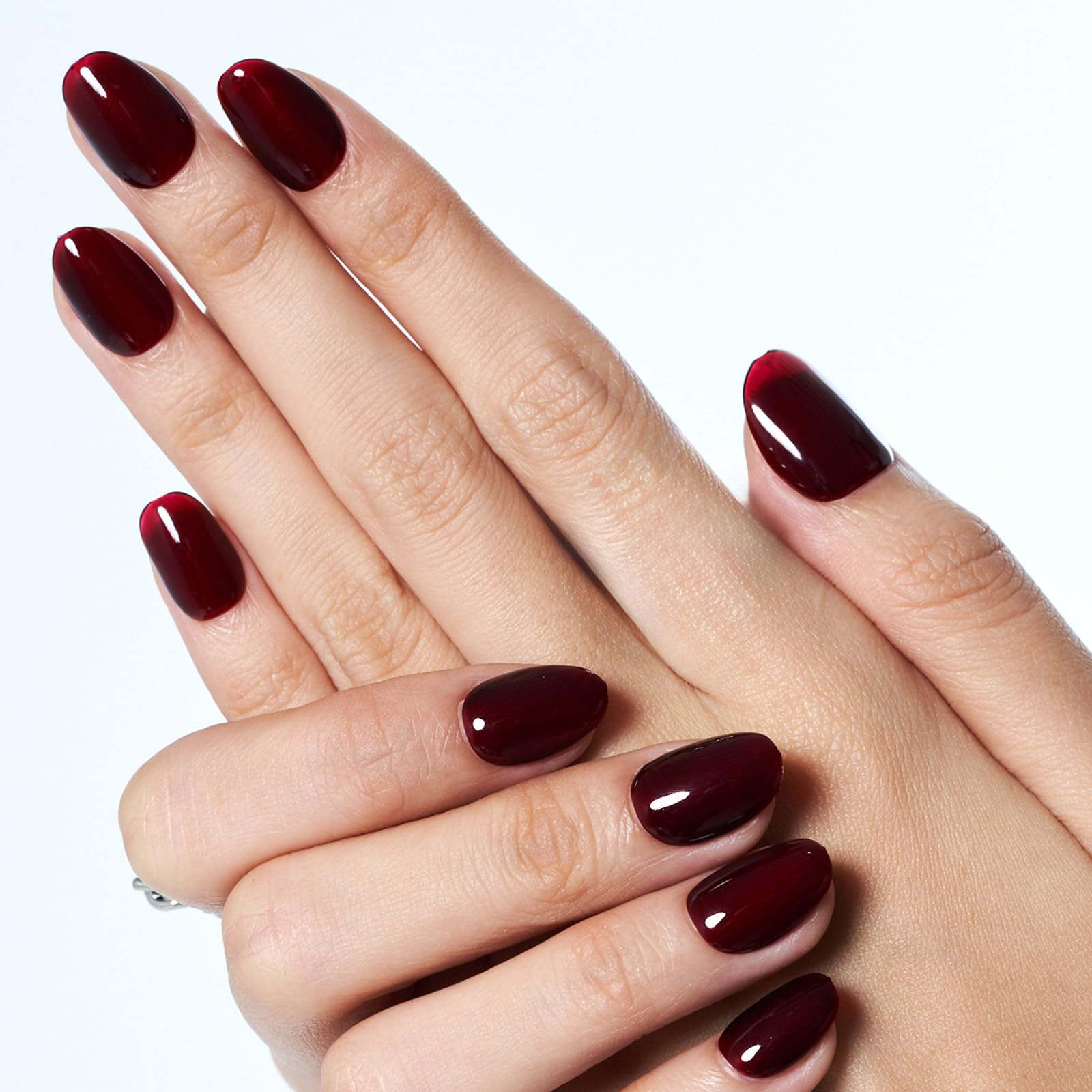 GLAMERMAID Short Oval Press on Nails - 24Pcs Burgundy Jelly Gel Fake Nails with Glossy UV Finish | Reusable Acrylic False Nails for Women | Perfect for Spring Summer Gothic Manicure & Special Occasions