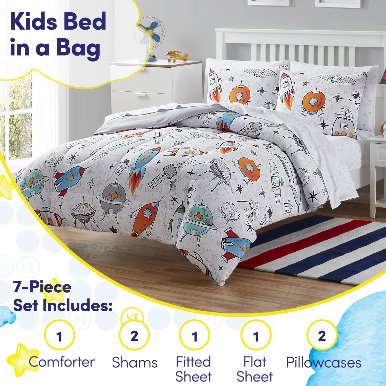 Kids Bedding Set for Boys & Girls - Full Size Bed in a Bag with Printed Space Theme Sheet & Comforter | Perfect for Toddlers' Room Decor & Space-Themed Bedrooms
