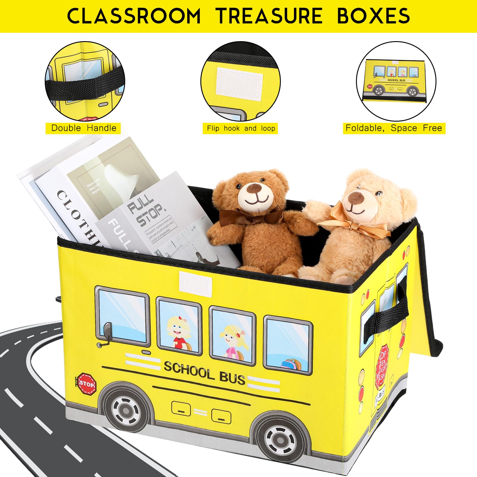 Sweetude 2-Pack Foldable School Bus Treasure Box with Lid - Classroom Storage Organizer for Kids, Teachers & Students - Perfect for Toy Prizes, Awards & Classroom Organization (Yellow)
