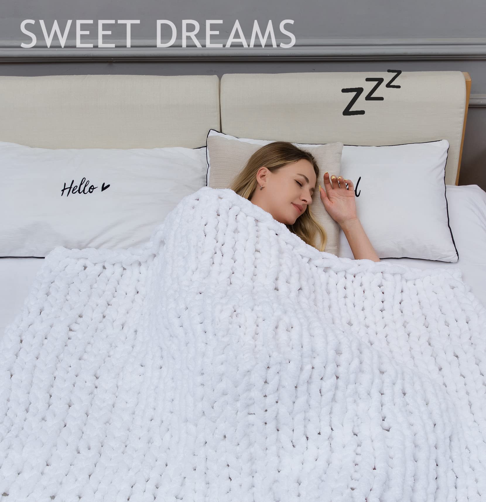 Alzoear Chunky Knit Throw Blanket - Soft Chenille Handmade Cozy Warm Blanket for Sofa, Bed, Couch & Home Decor (White, 50x60 Inches) - Perfect for Winter Nights, Movie Time & Cozy Home Ambience