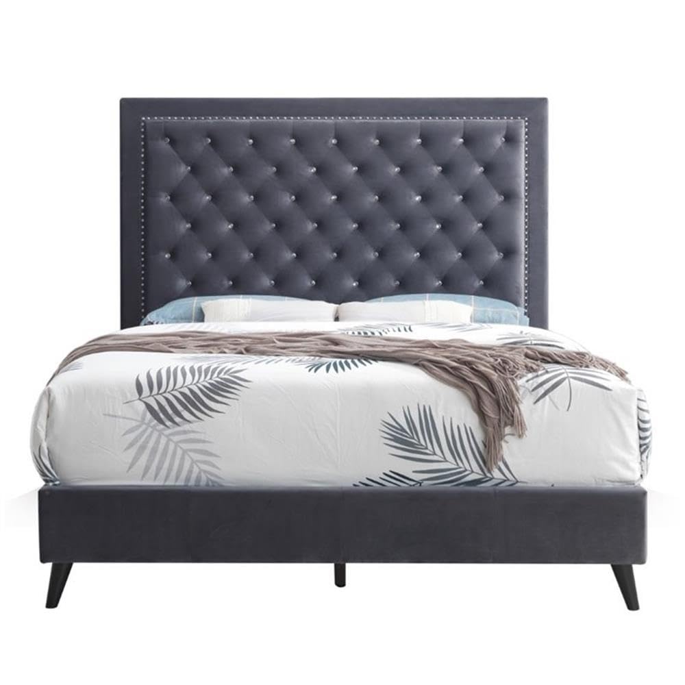 Glory Furniture Alba Velvet Upholstered Queen Size Bed Frame in Gray - Luxurious Modern Bedroom Furniture for Master Suite or Guest Room