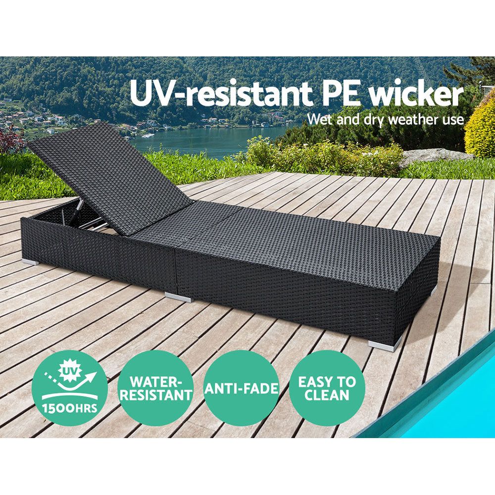Gardeon Sun Lounge Wicker Lounger - Outdoor Rattan Garden Daybed Sofa Set of 2 in Black - Perfect for Patio, Poolside, and Backyard Relaxation