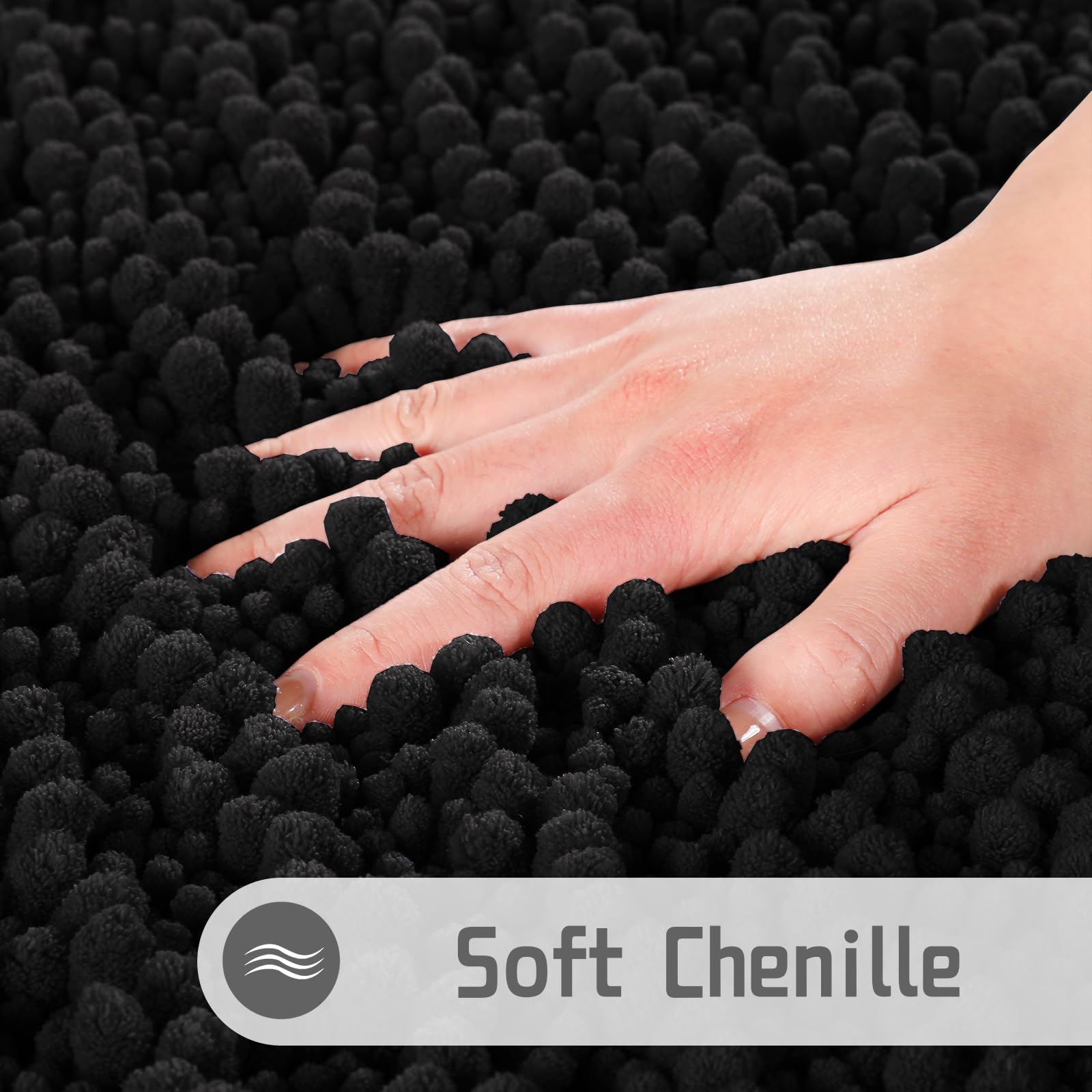 Yimobra Extra Soft Chenille Bath Rug Mat - 55.1 x 24 Inch Large Non-Slip Shaggy Bathroom Mat | Super Absorbent Microfiber Bath Mat for Floor, Tub & Shower | Machine Washable | Black | Perfect for Bathroom Safety and Luxury Comfort