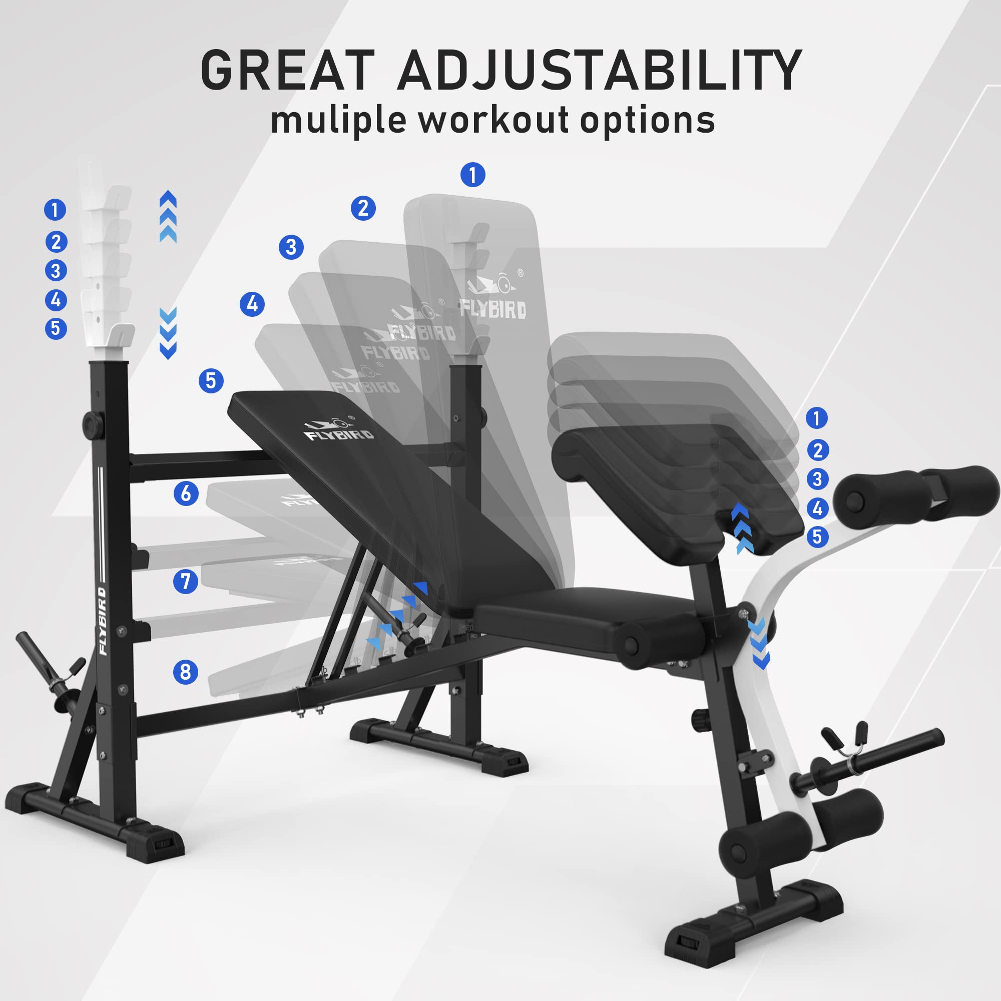 FLYBIRD Adjustable Weight Bench for Home Gym - Strength Training Bench Press Set with Preacher Curl Pad & Leg Developer - Perfect for Full Body Workouts, Strength Building & Home Fitness Training