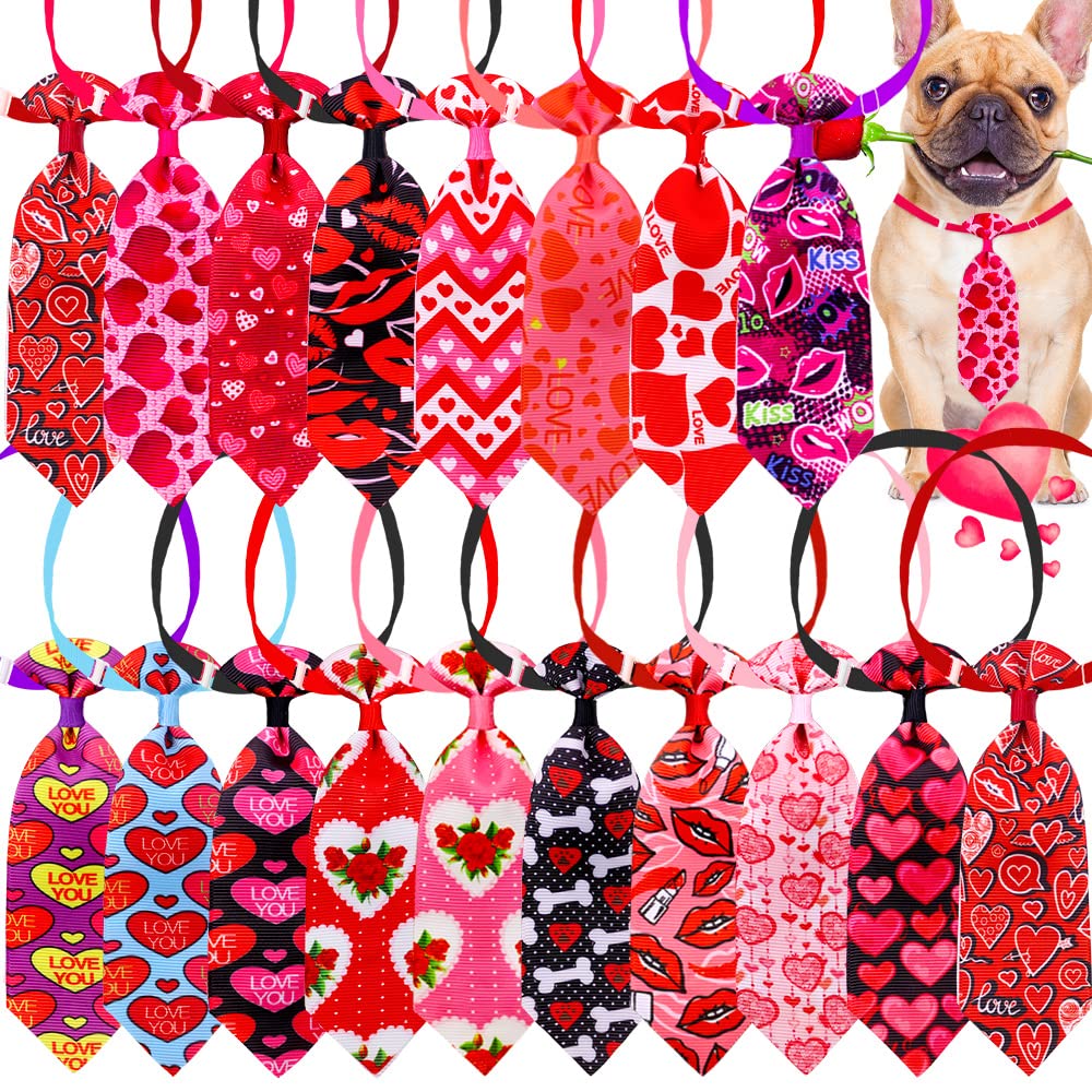 18pcs Valentine's Day Dog Neck Ties - Bulk Adjustable Pink & Red Small Dog Collar Ties with Rose Kiss Pattern | Cute Pet Grooming Accessories for Holidays, Parties & Photo Shoots