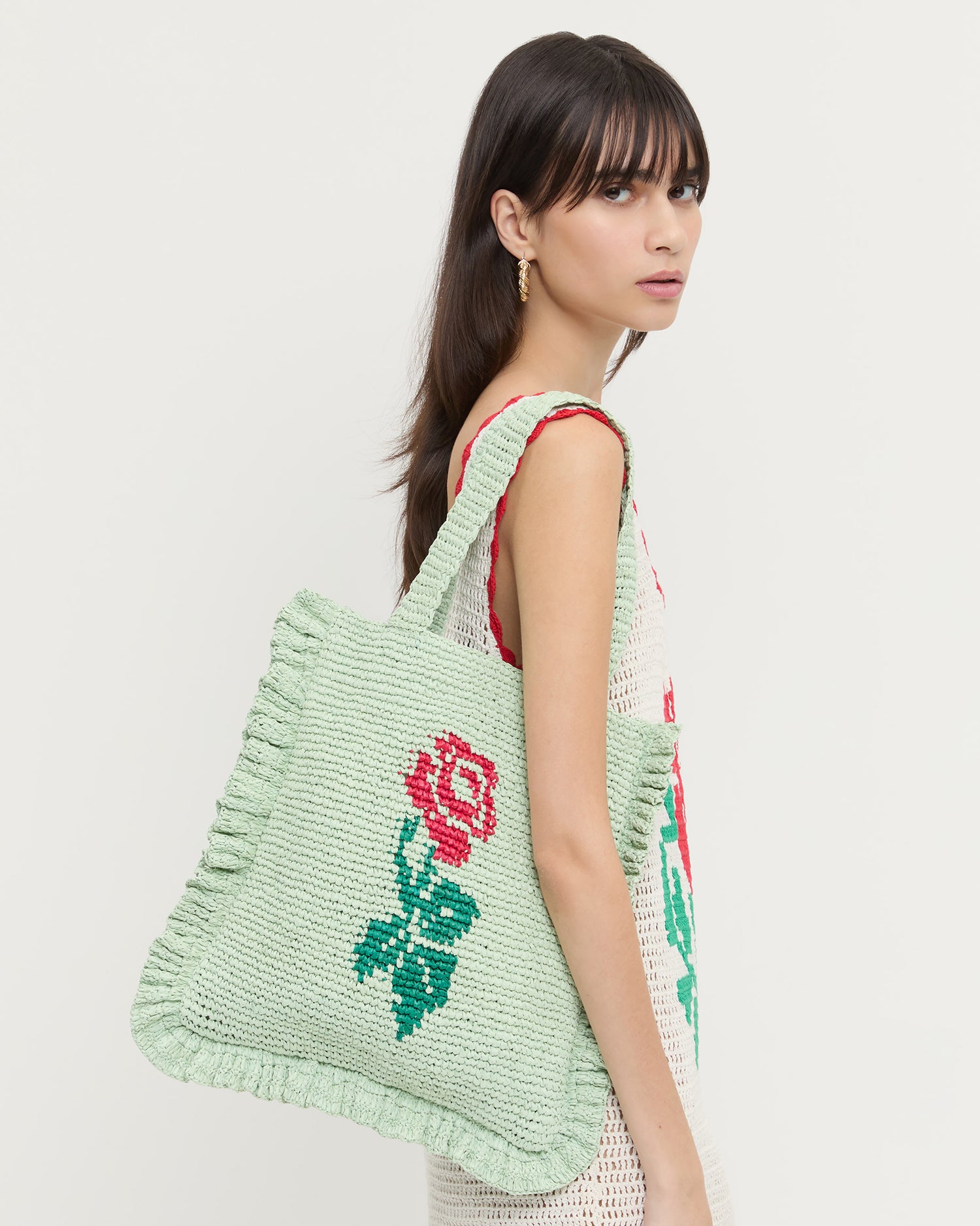 Justine Mint Crochet Ruffle Tote Bag - Stylish Summer Beach Bag for Women, Perfect for Shopping, Travel & Picnics